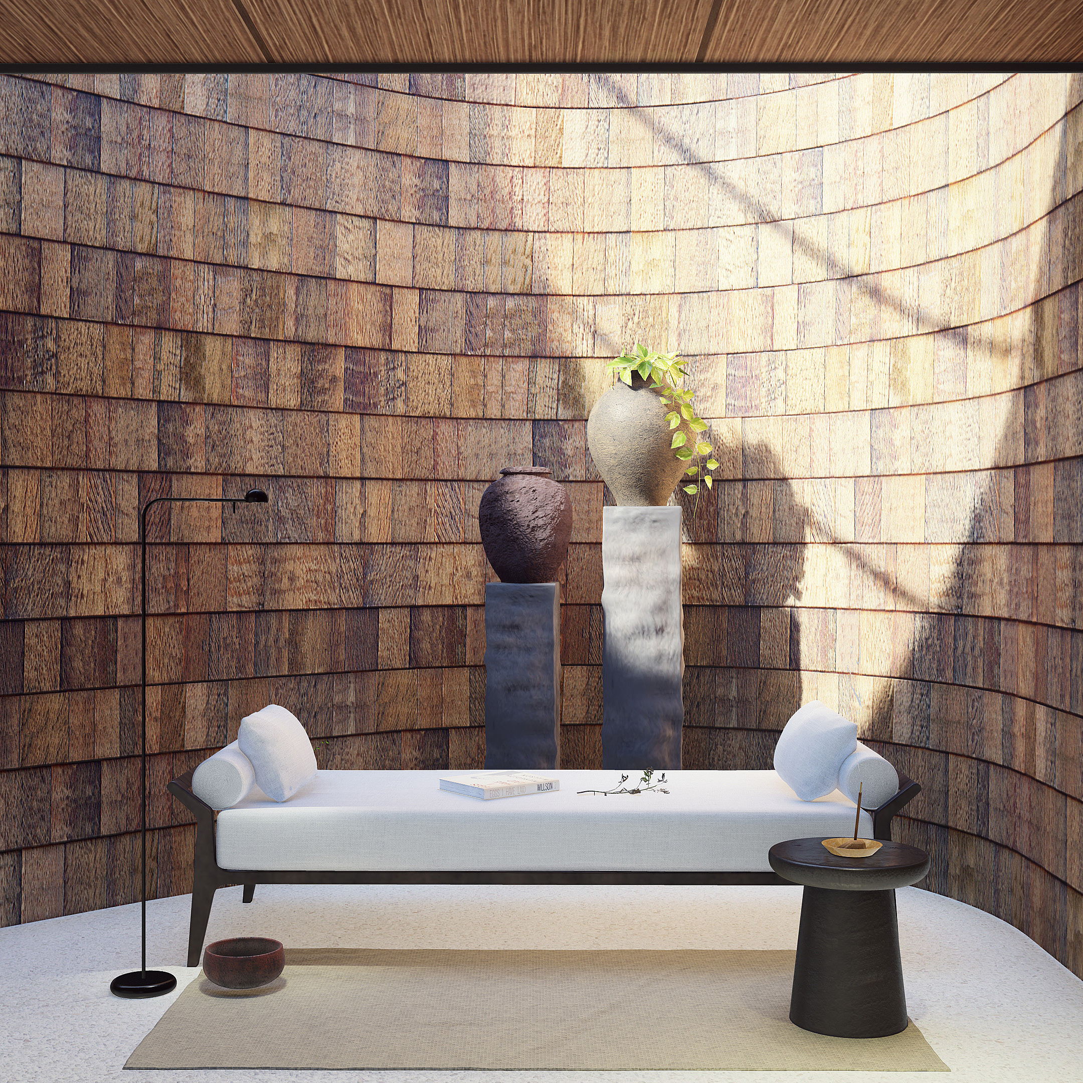 Close up of curved walls inside the villas of uluwatu hotel with skylight and wooden shingles wall claddings