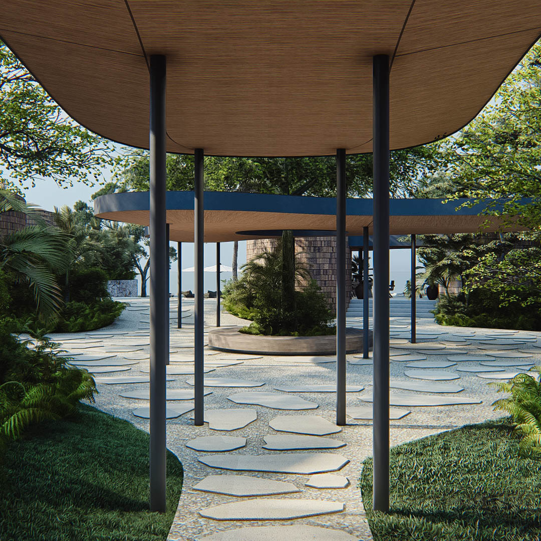 View of connecting point at uluwatu hotel showing the curvy shape and the connection between the lobby and the restaurant pavilion