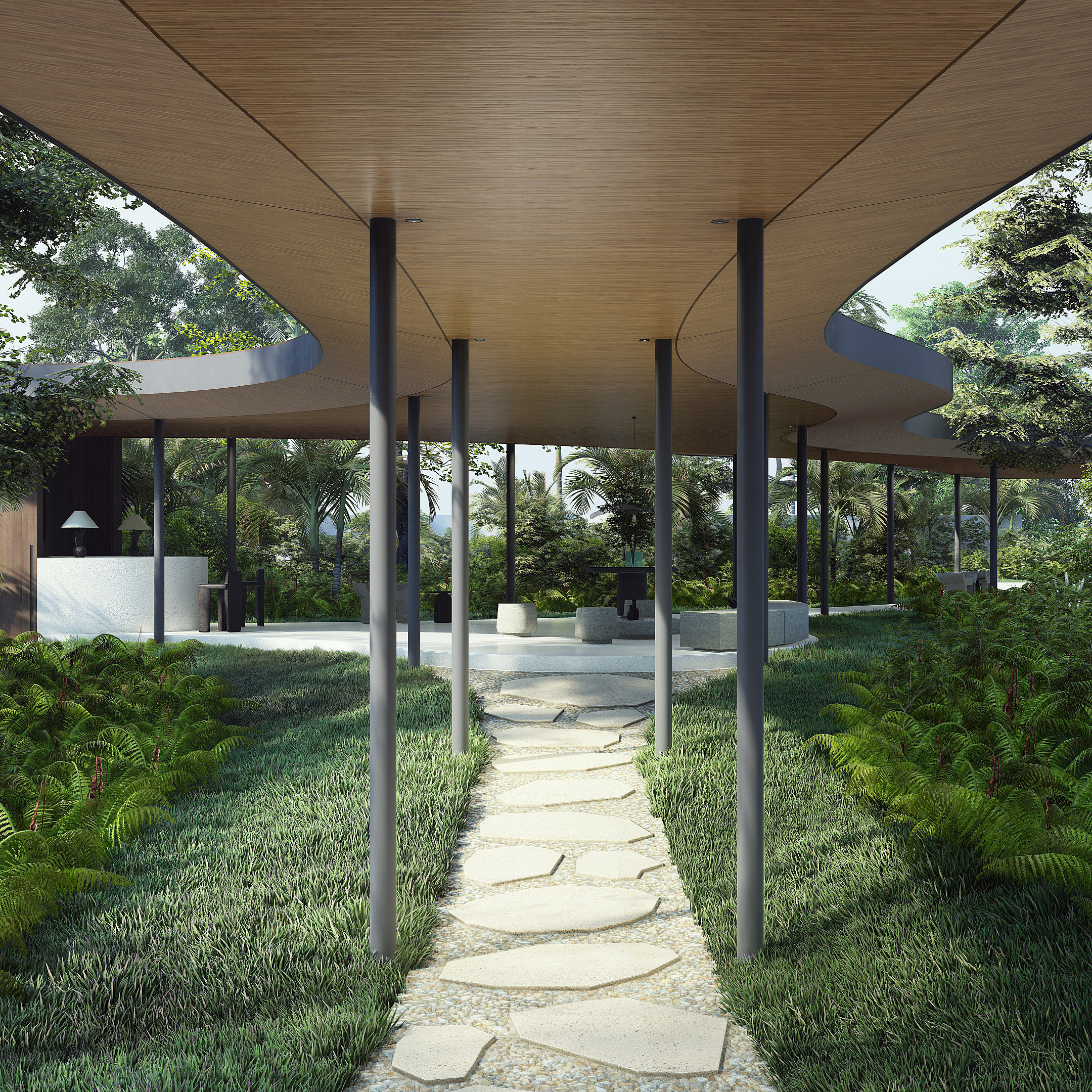 Lobby and arrival building at uluwatu hotel showing the curvy shape of the mass