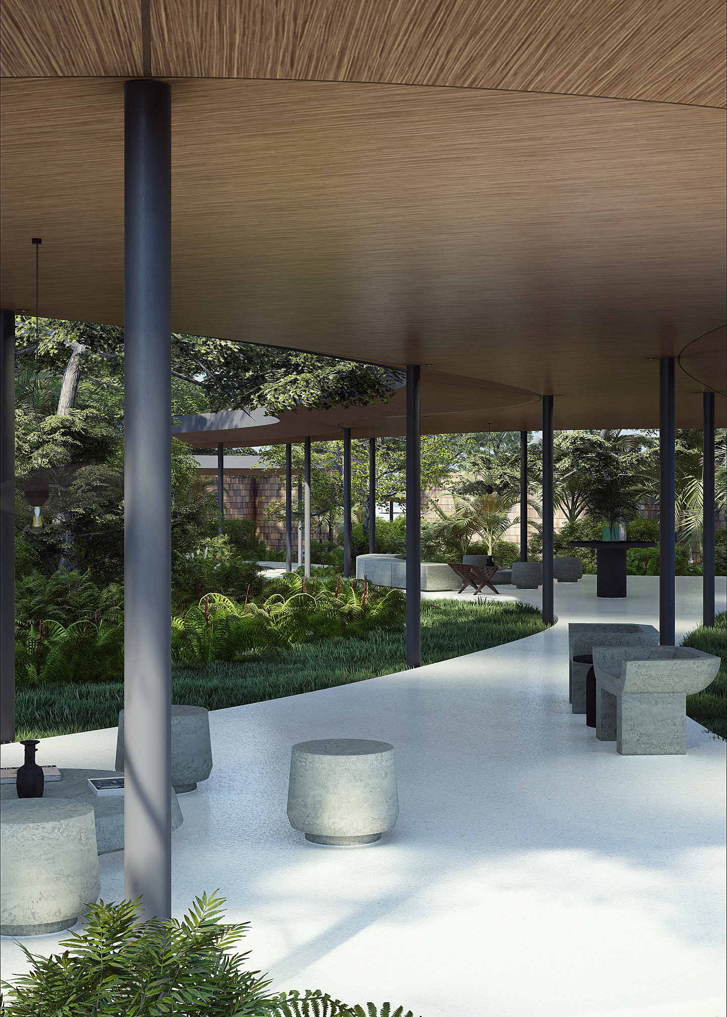 View of the arrival pavilion looking through the entire structure towards the villas