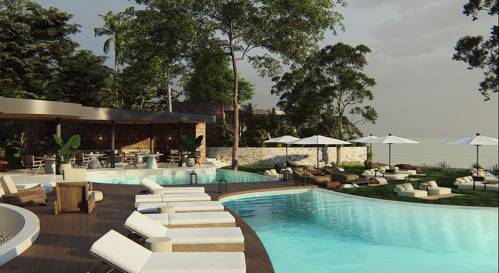 Overview of the restaurant, garden, and shared swimming pool at uluwatu hotel