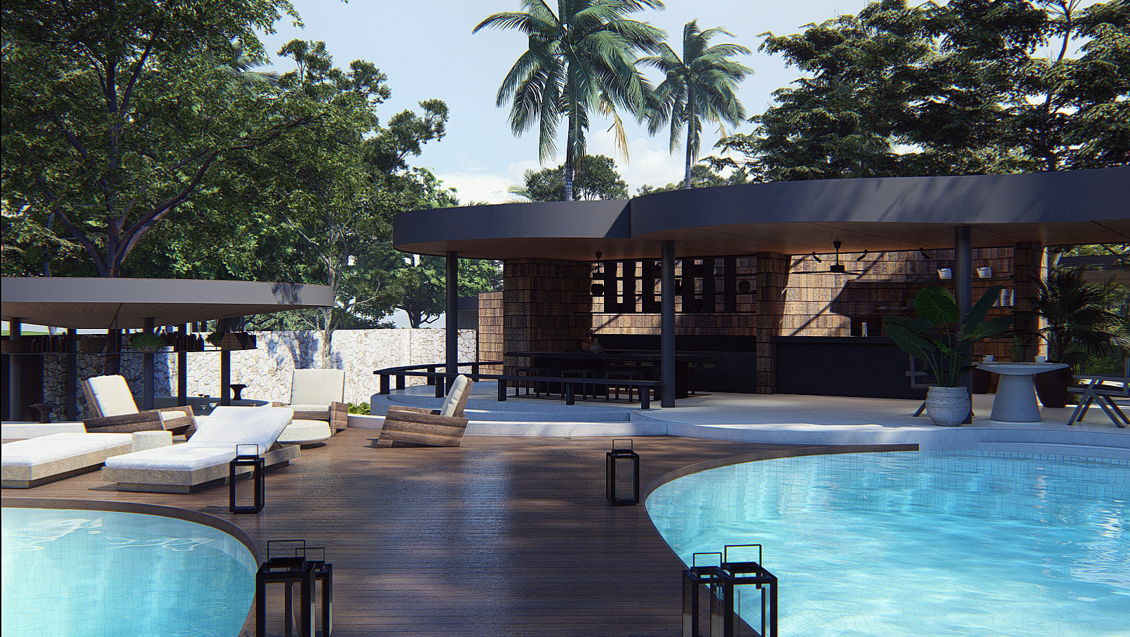 Restaurant of uluwatu hotel with public swimming pool, pool deck and bar facilities