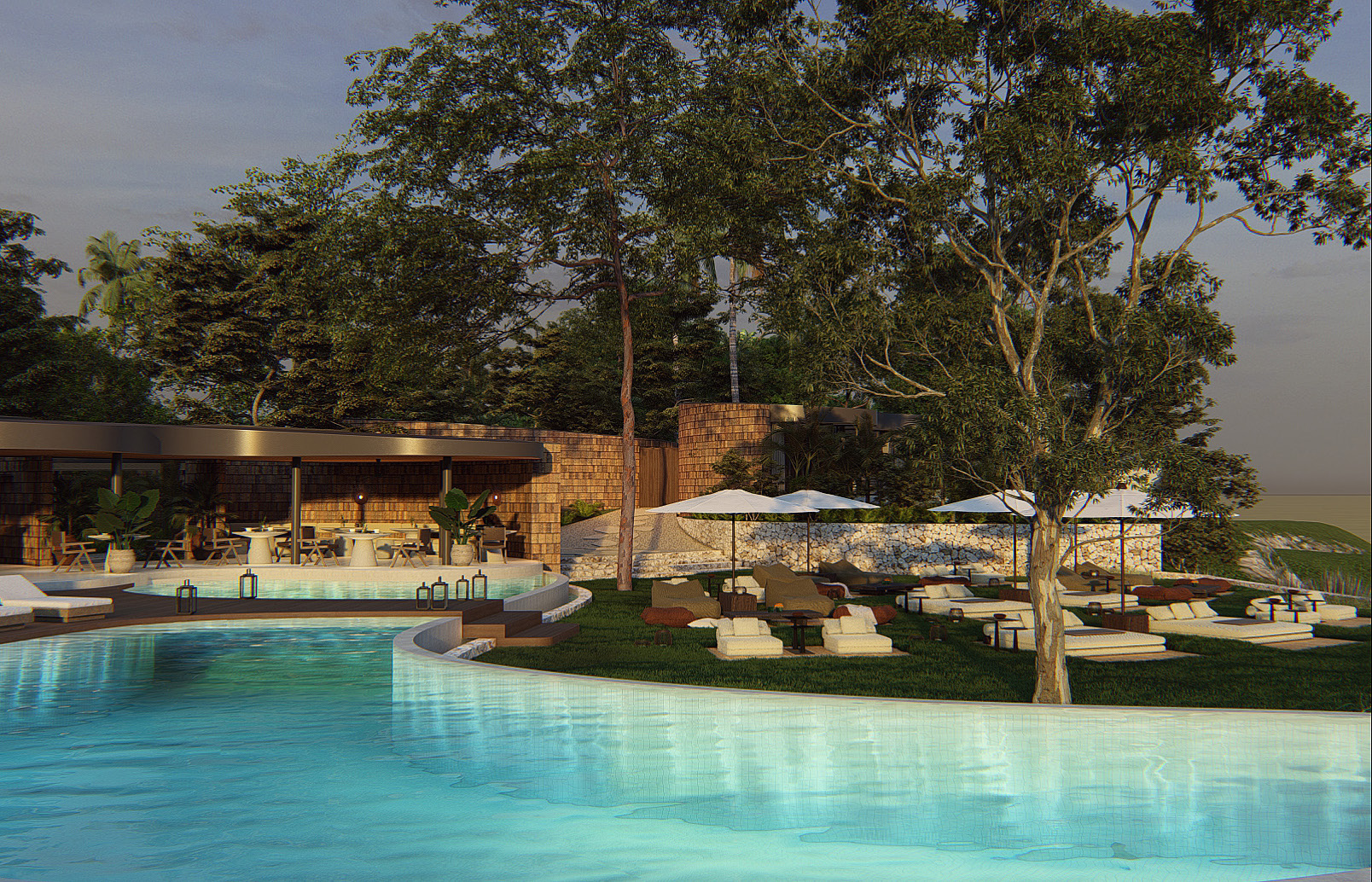 Afternoon view of retaurant at the hotel with garden sunbathing areas and large pool