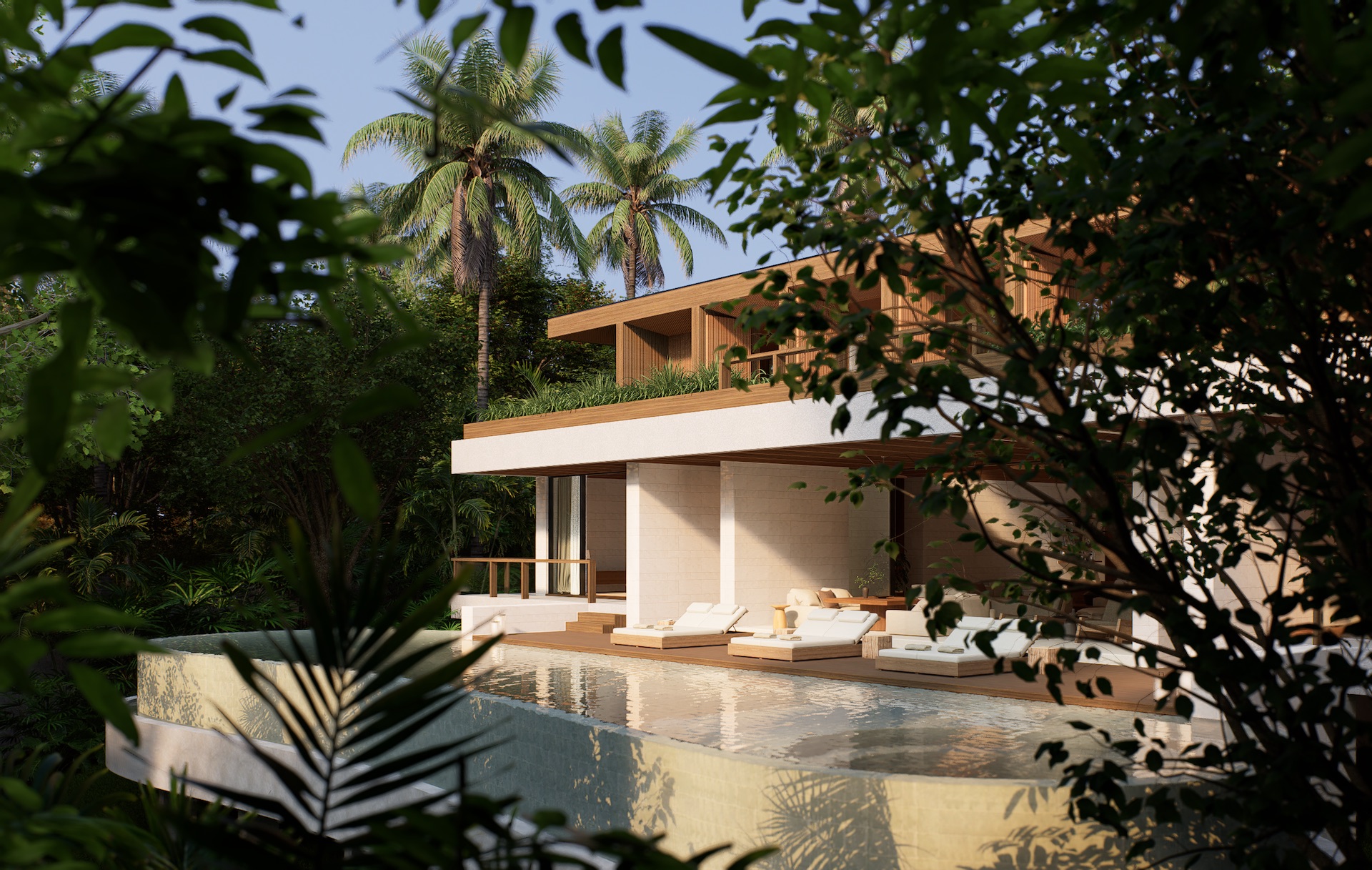 Side view of river side elevation of tatma residence showing the partial facade and the whole length of the swimming pool