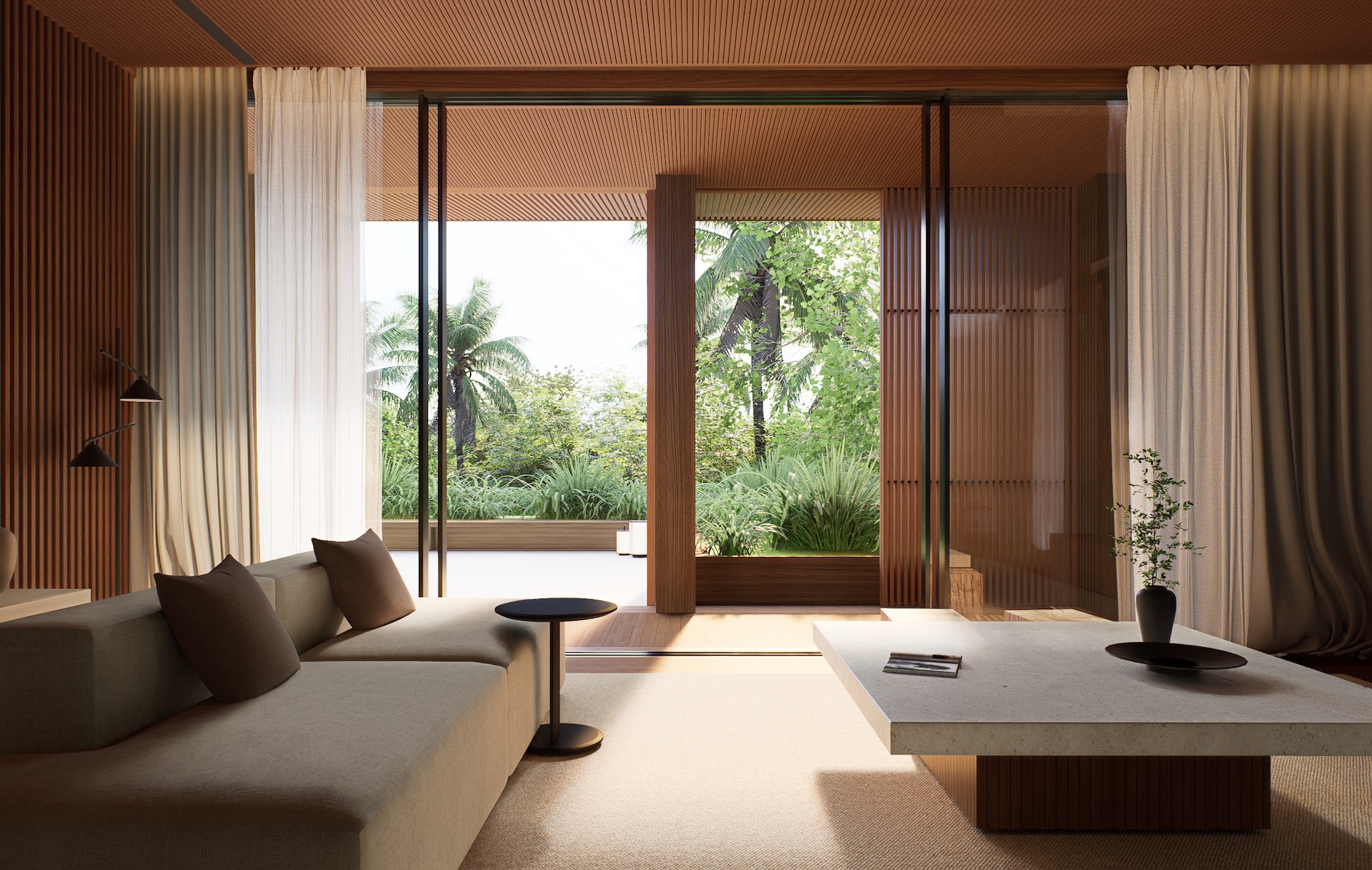 View of the master bedrooms living room with sofa and access to an outdoor terrace