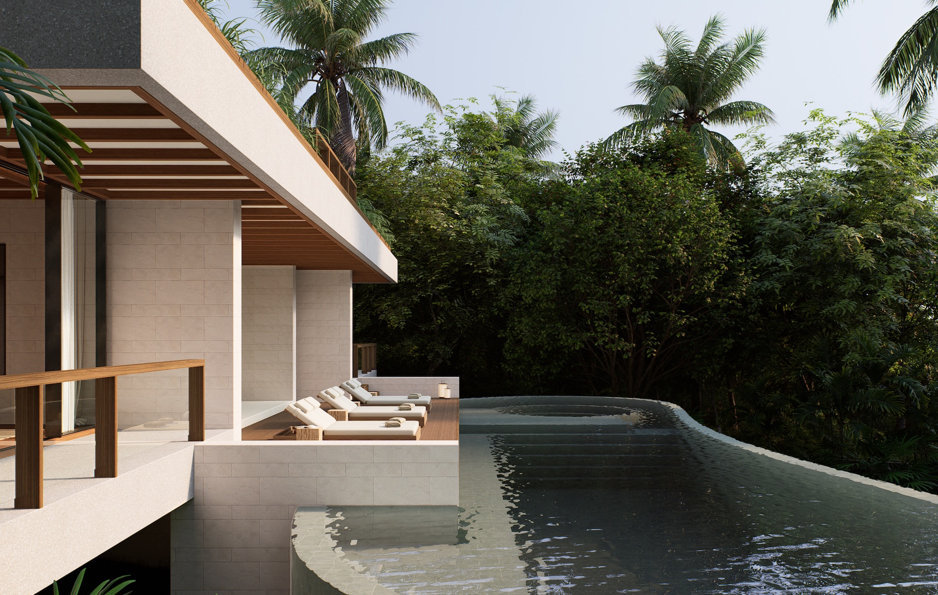 Swimming pool view of tatma residence with kids and swimming area showing pool deck with lounge chairs and terrace canopy