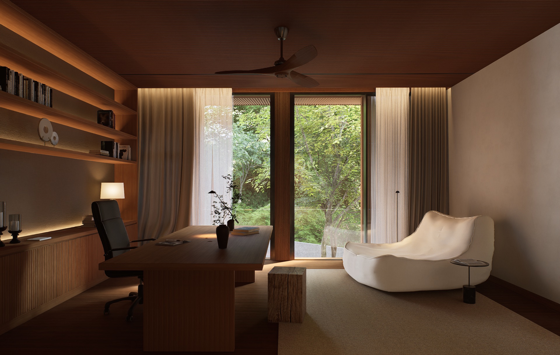 Home office view of tatma residence with large center desk and reading corner