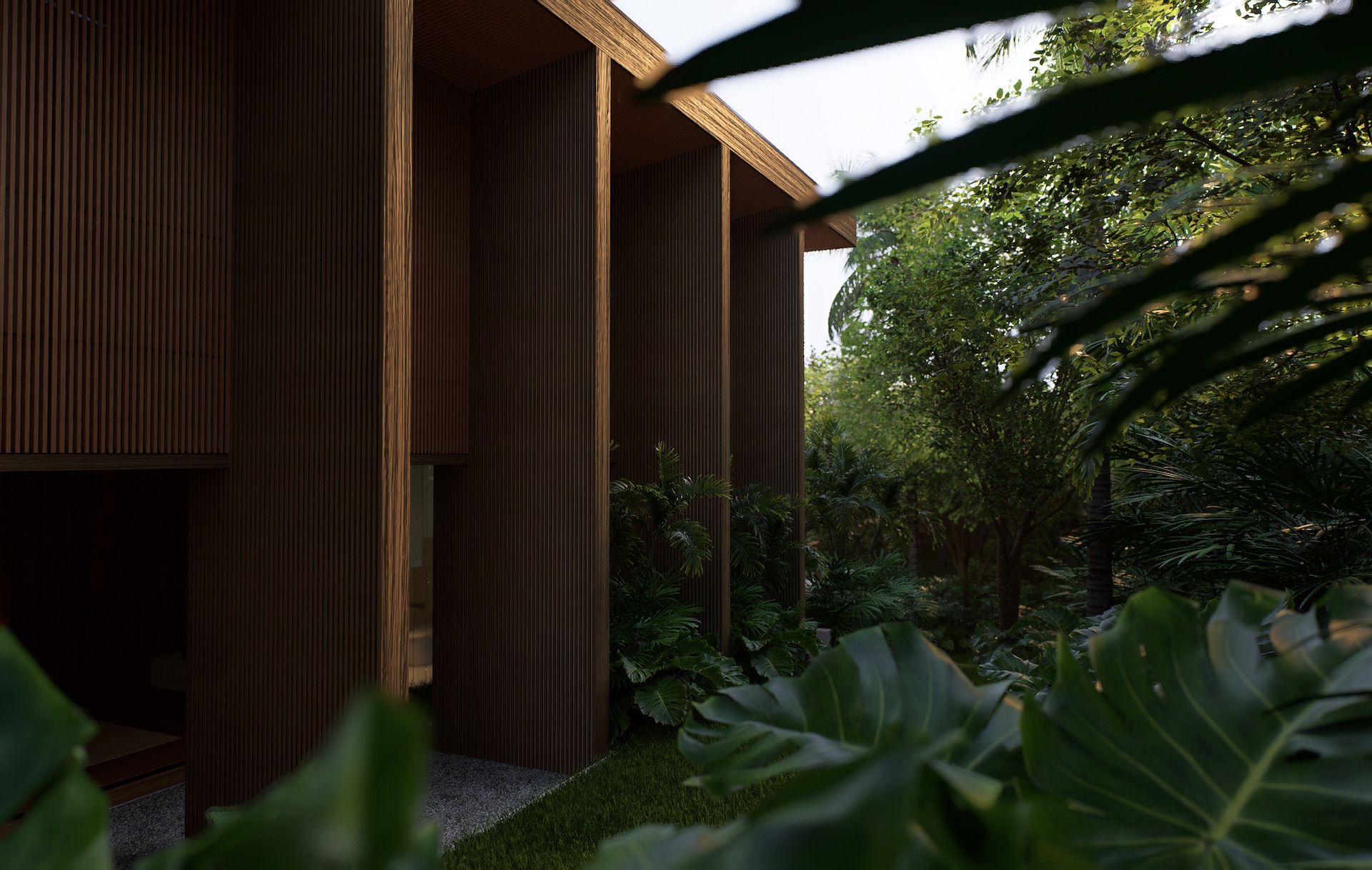 View of side elevation of the house showing the verticality of the architectural language