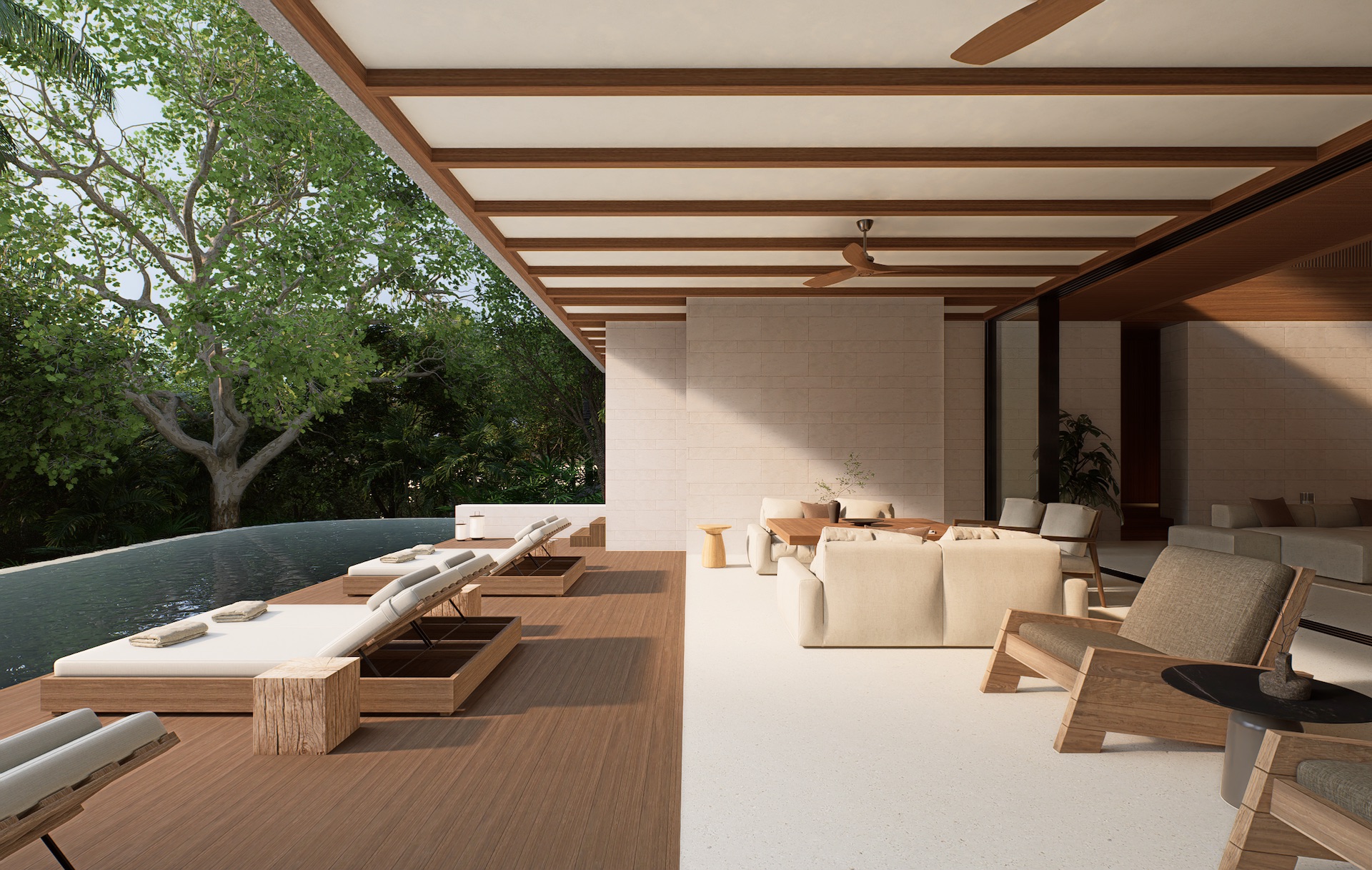 View of covered outdoor terrace leading towards the pool deck and swimming pool