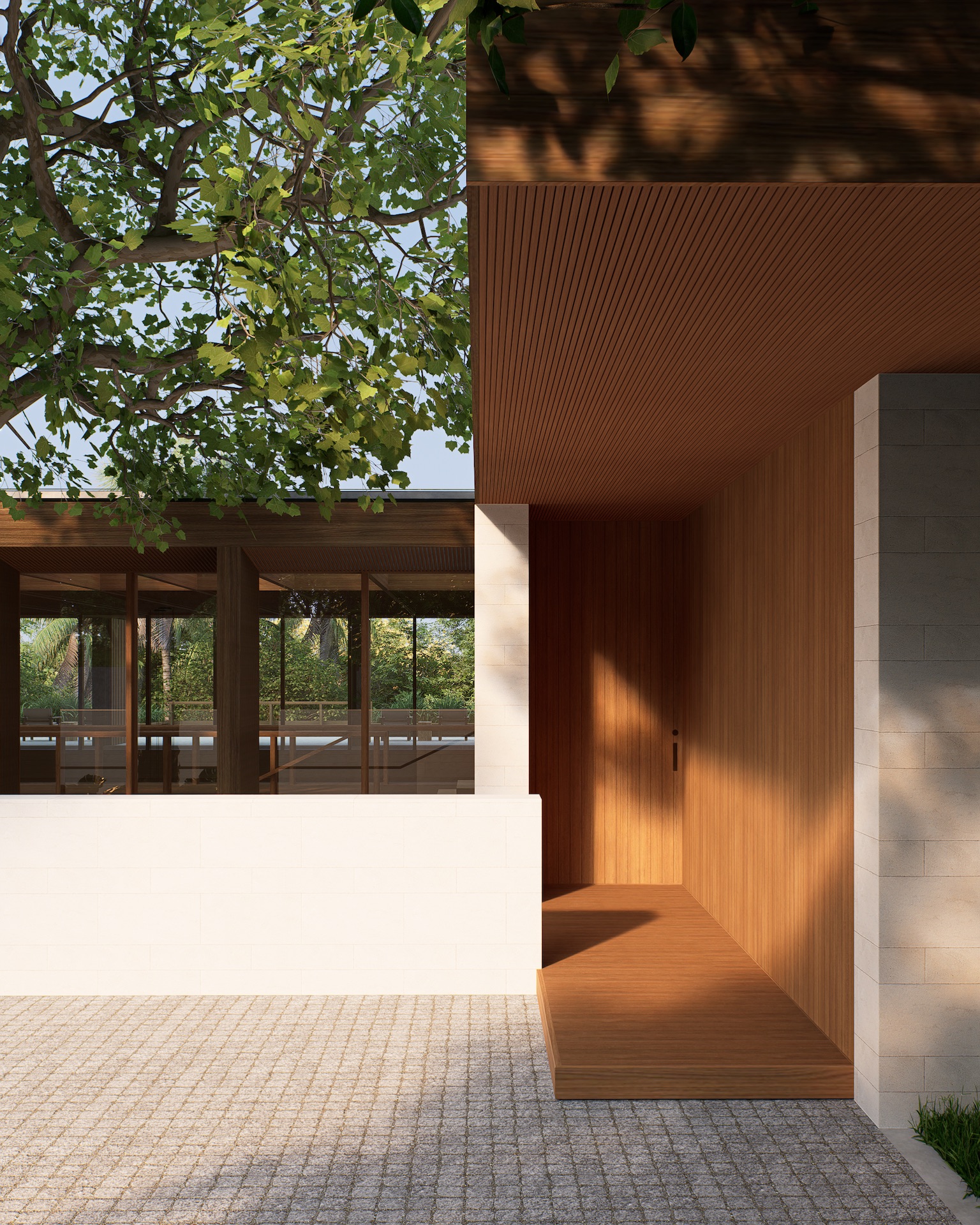 View of upper floor entrance door into the house through a covered walk way