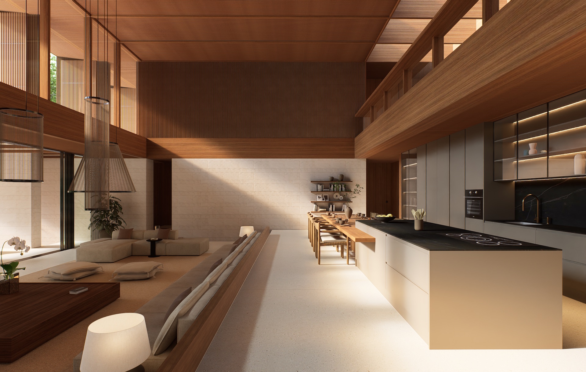 View of the great room at tatma residence showing double height ceiling, steps down towards the living room, natural wood and stone materials