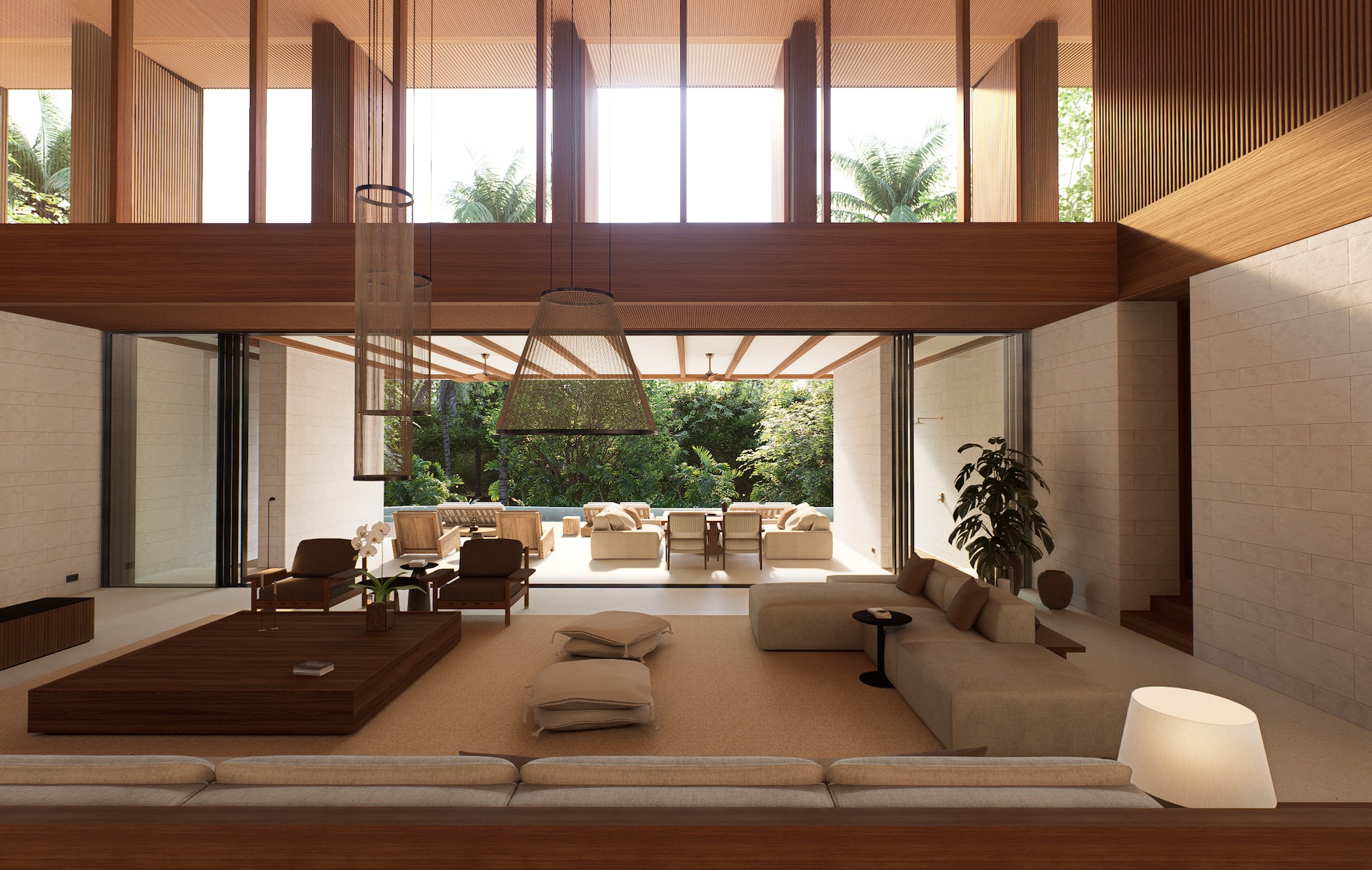 Living room view of tatma residence looking towards swimming pool showing the layering of spaces