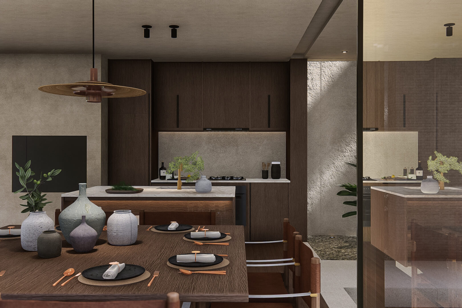 View of kitchen & dining space at leaf berawa showing full kitchen with kitchen island and dining table