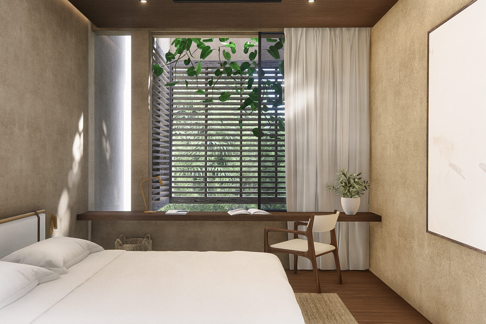 View of bedroom with wall facing bed frame and floating desk with large opening to wooden screen