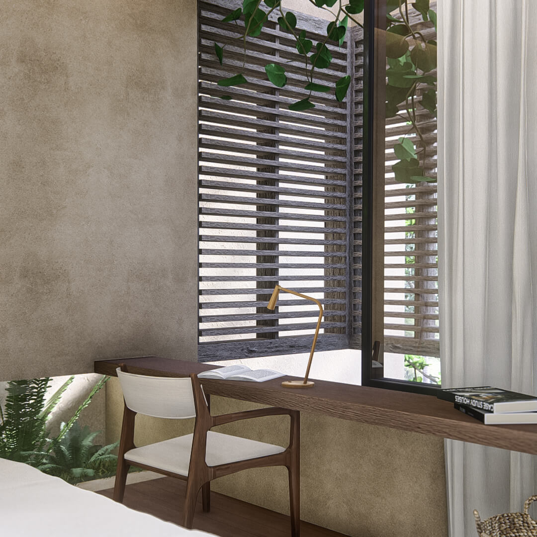 View of desk corner in bedrooms with large opening towards a wooden screen to provide privacy from neighbours