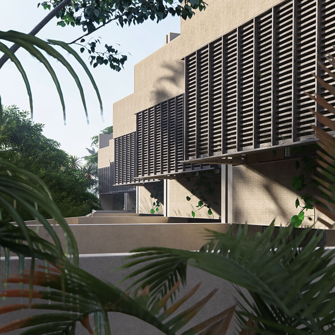 Rear facade of the townhouses showing patterned walls combined with wooden screens