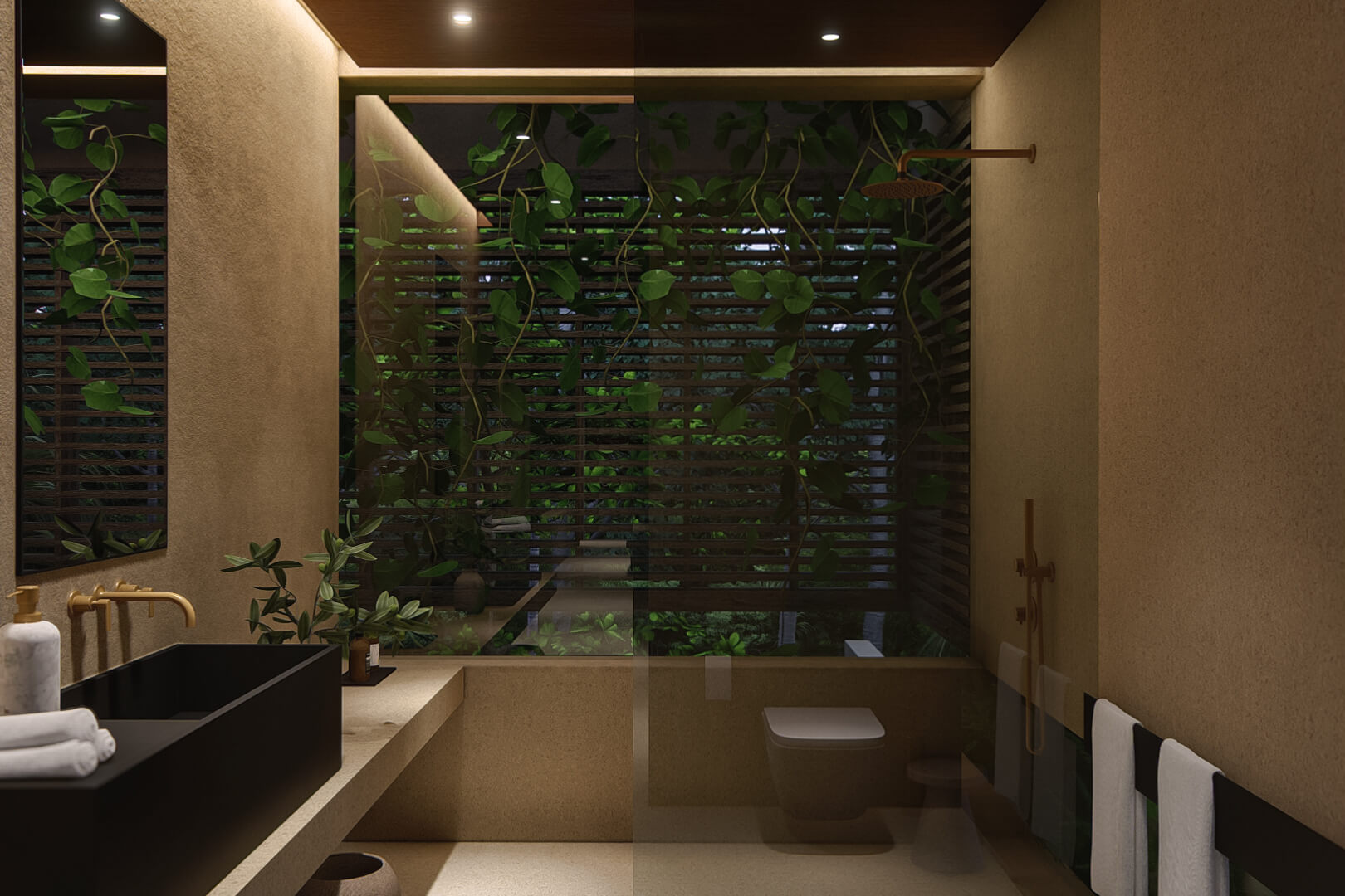 Night view of master bathroom at leaf berawa