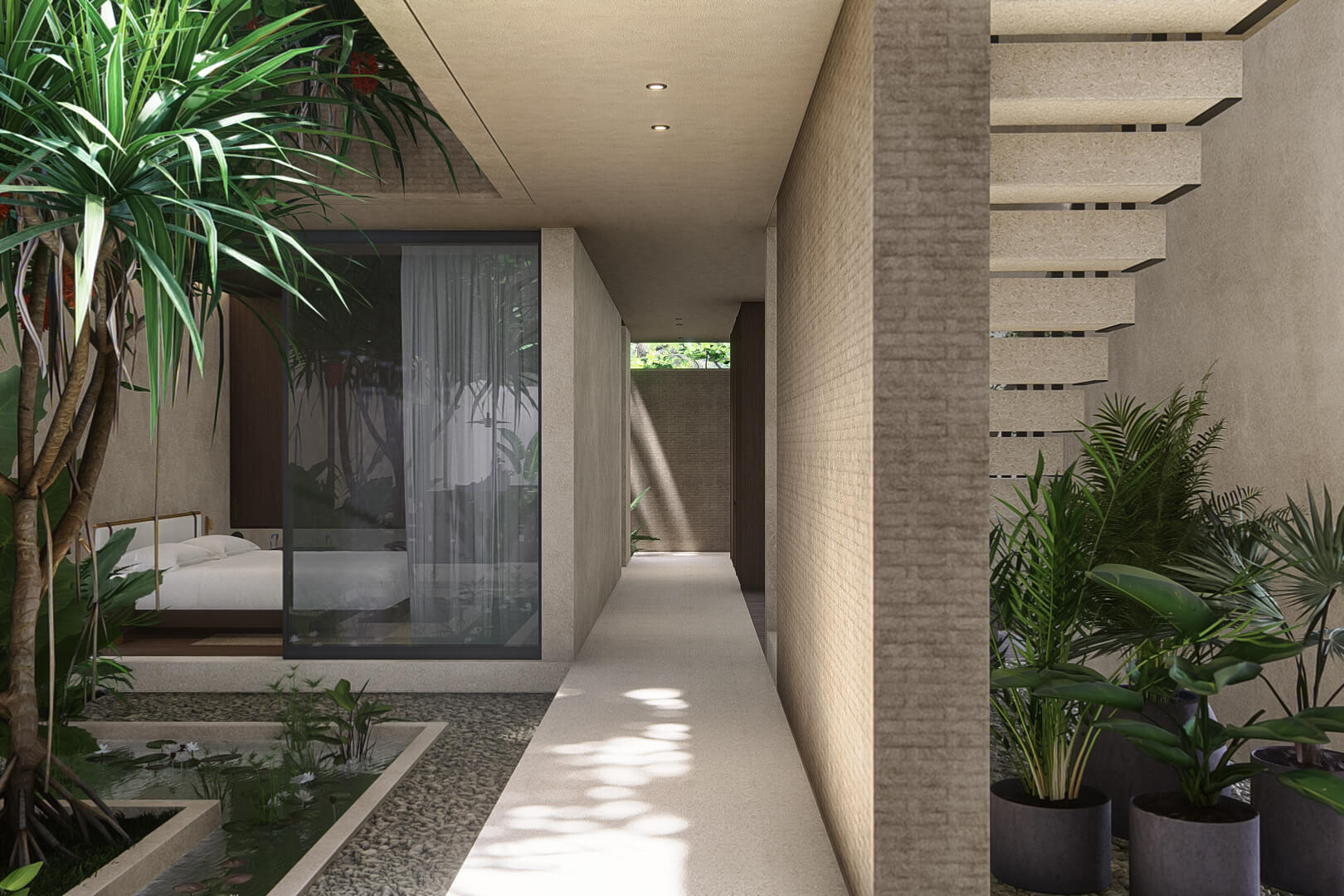 View of leaf berawa ground floor corridor showing guest bedroom, floating stairs and patterned wall