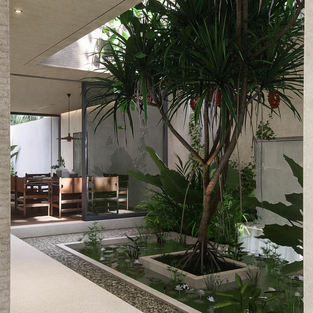 View from corridor at leaf berawa looking towards pond and water feature in the middle of the courtyard