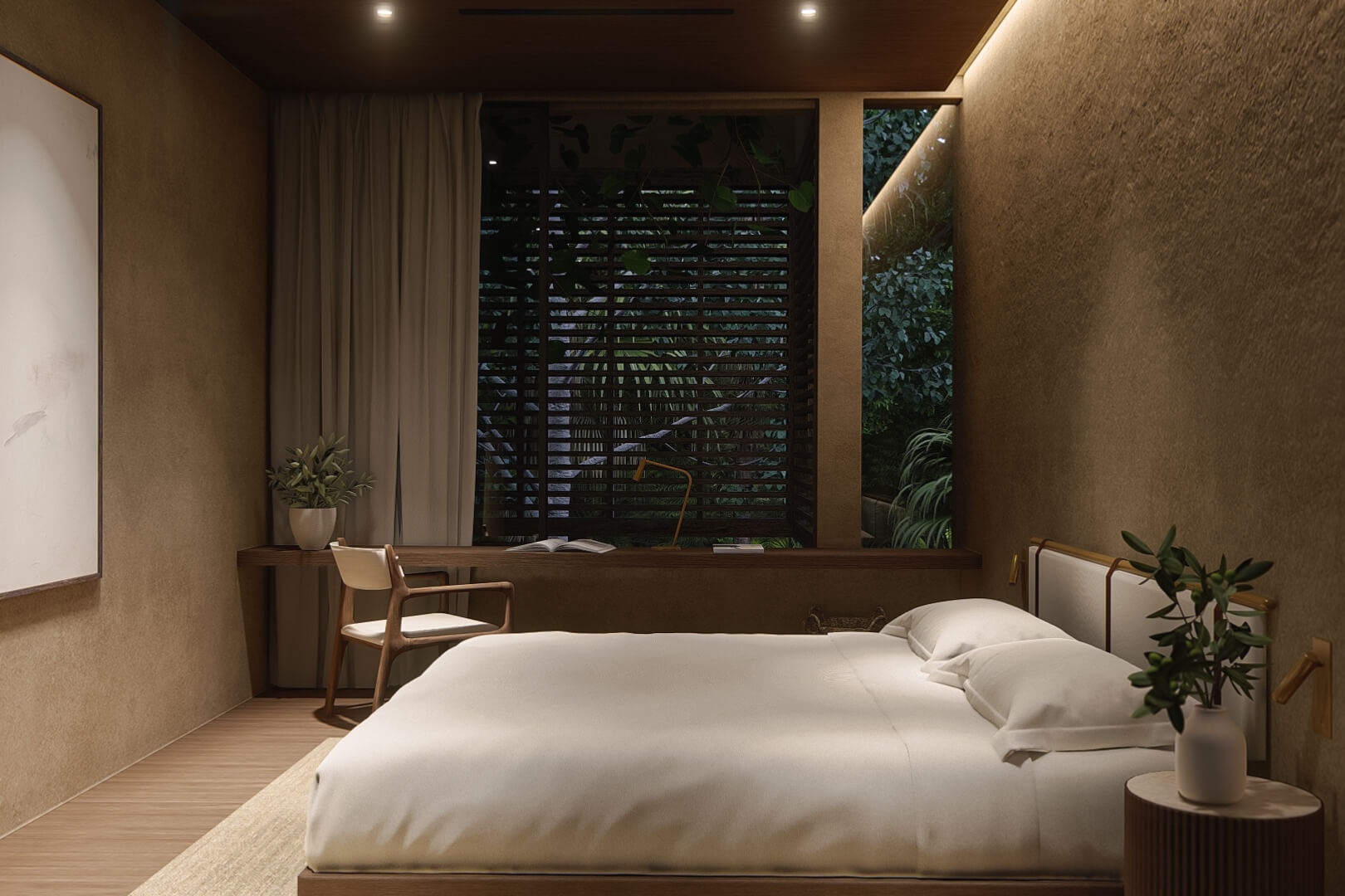 Night view of bedroom showing wall facing bedframe and floating desk against the window