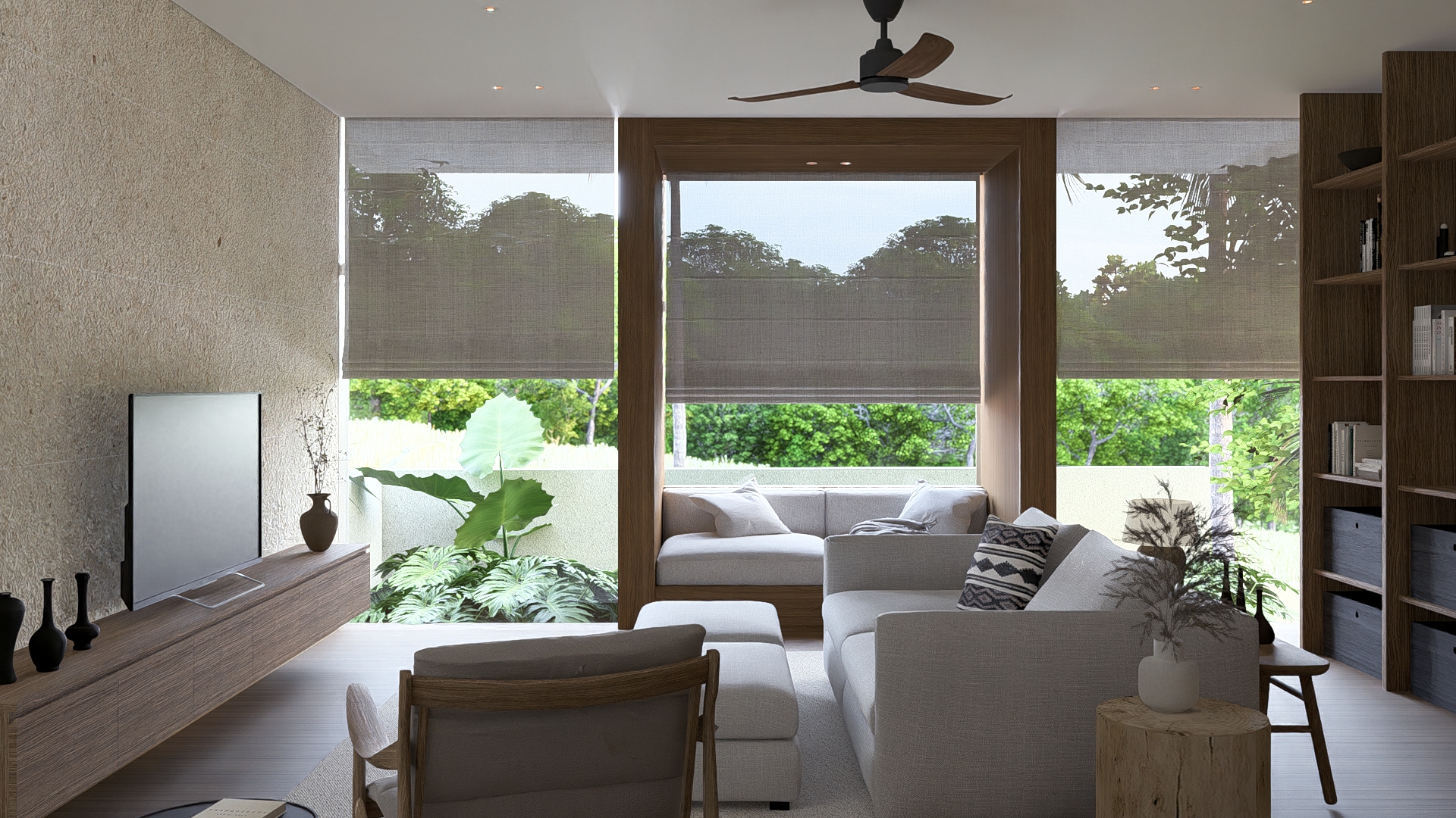 Piano room view of padang linjong residence showing a living room type space with a day bed and wall facing cabinetry