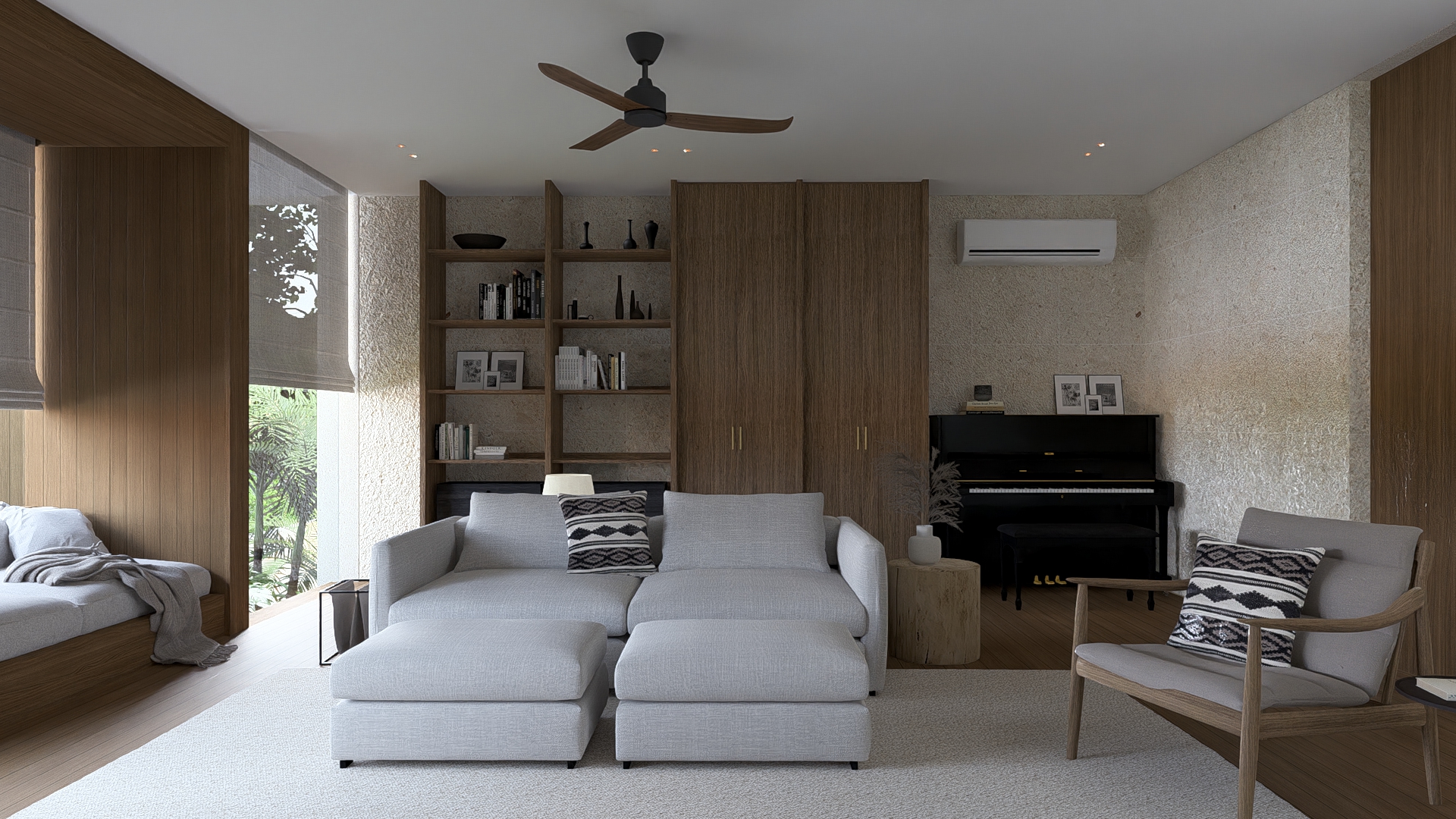 Piano room view showing a living room type space with a day bed, wall facing cabinetry, and piano