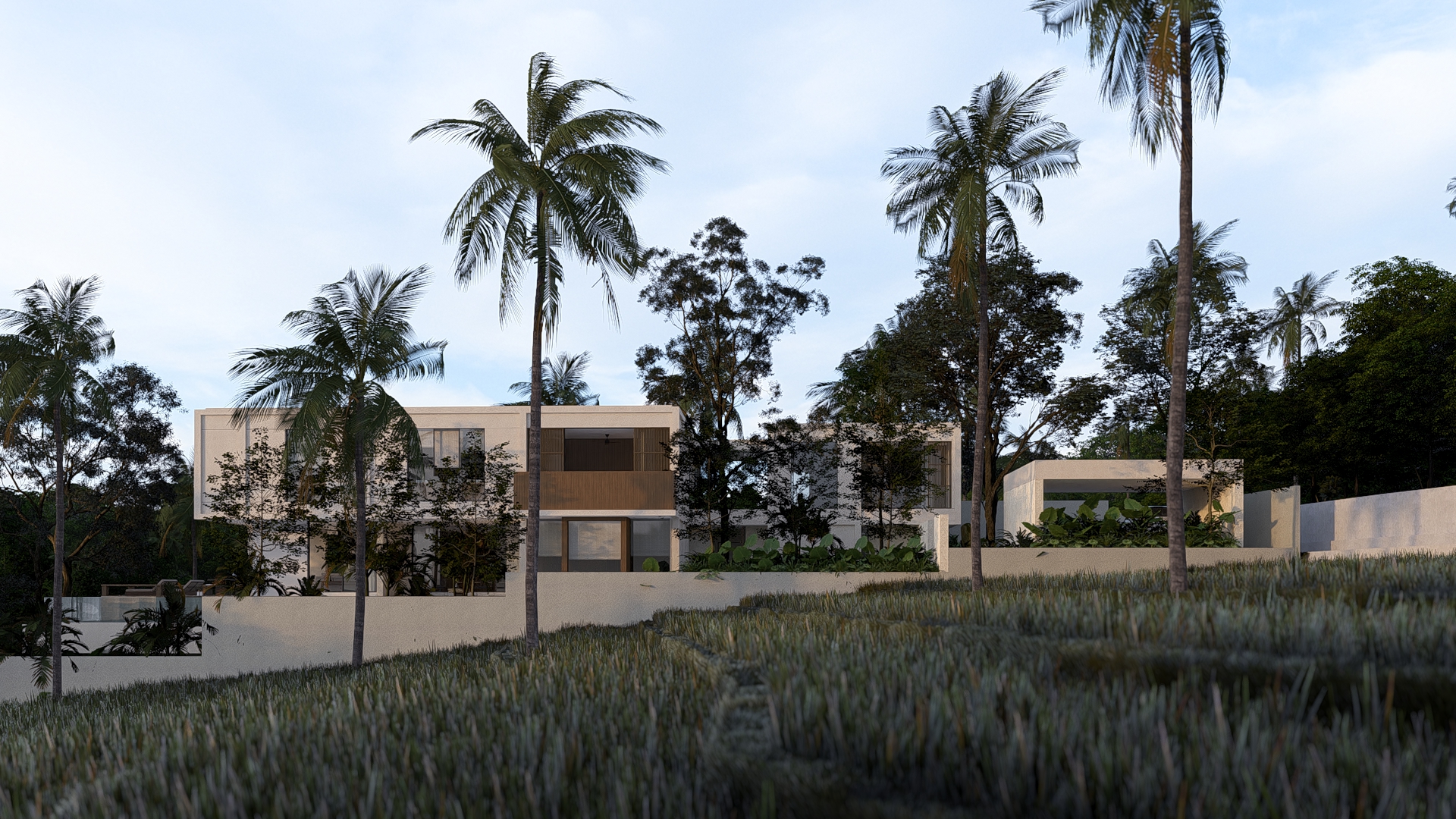 Side elevation view of padang linjong residence showing profile of the house with mostly white cream surfaces and wooden accents