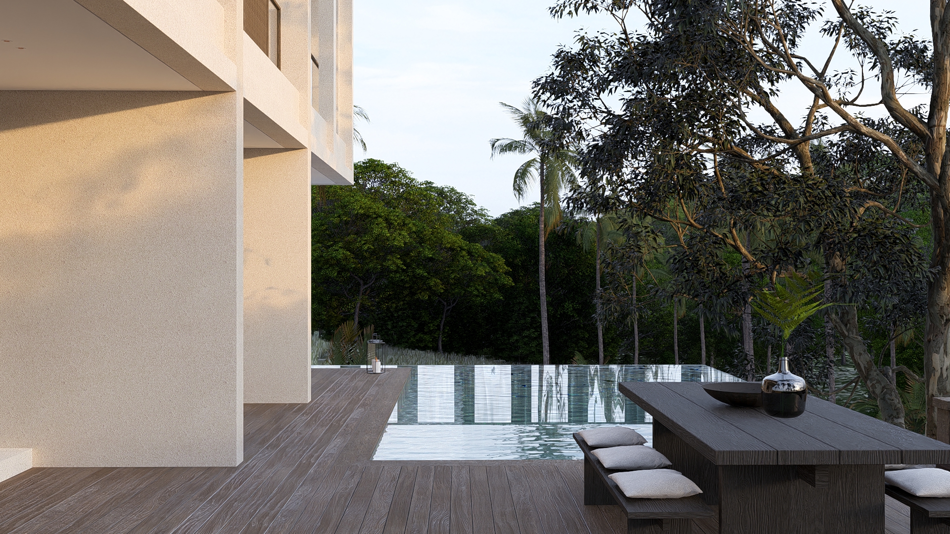 Pool deck and swimming pool view of padang linjong residence with outdoor dining table and surrounding landscapes