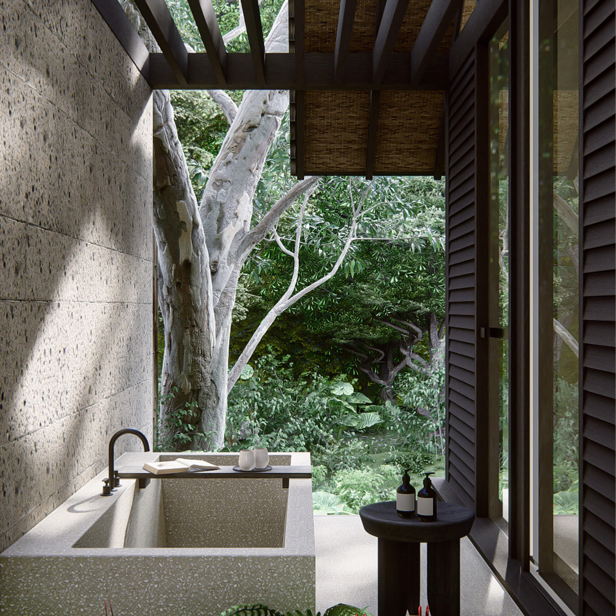 View of typical outdoor bathtub space with built in terrazzo bathtub