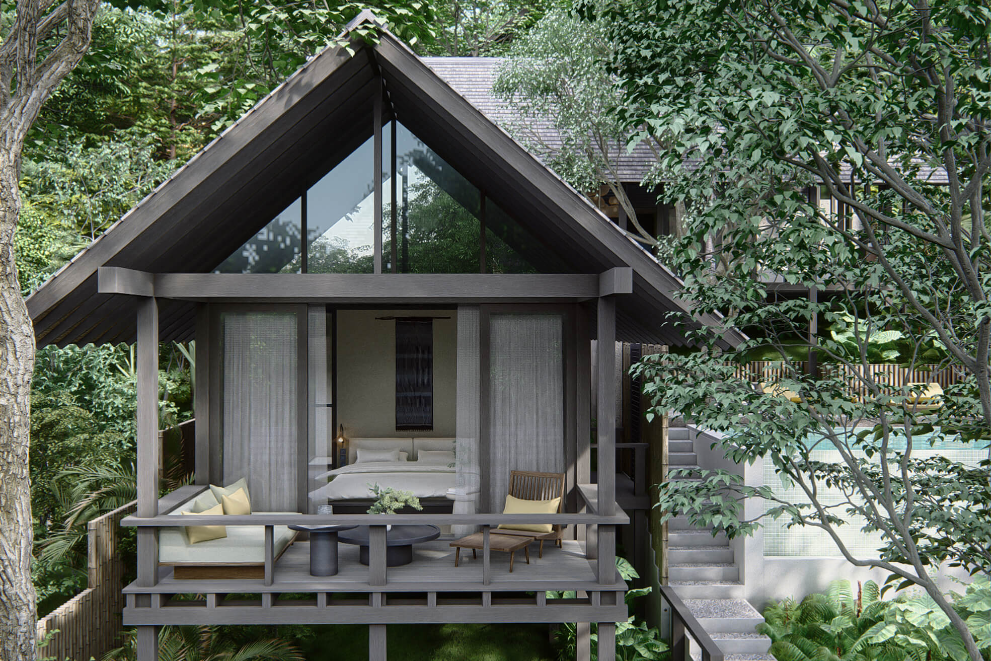 Close up view of a typical villa showing the gable roof, dark wood texture, and space continuity from the bedroom towards the balcony