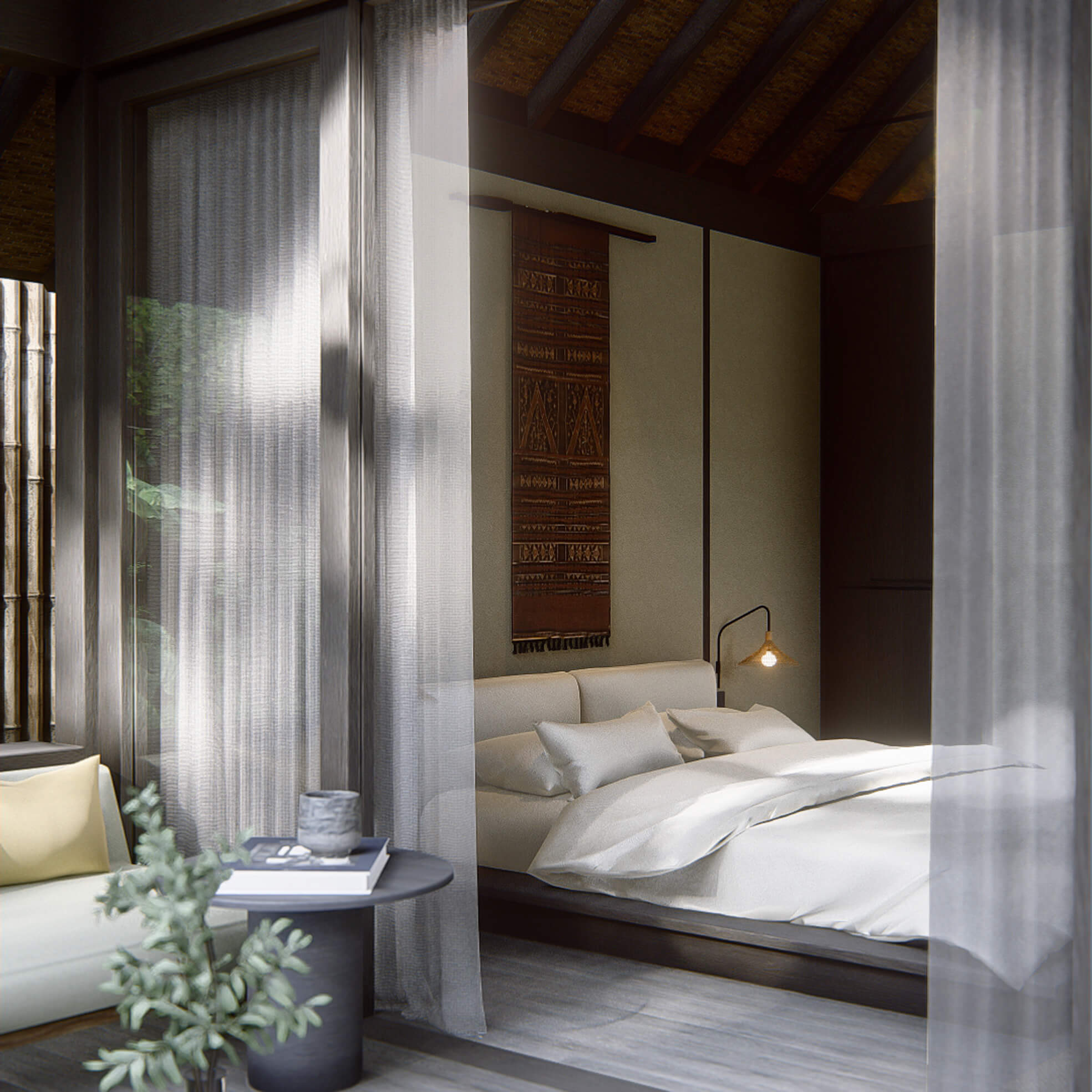 Bedroom view of villa 3 showing low bedframe, traditional weaved ikat decoration, and access to balcony space