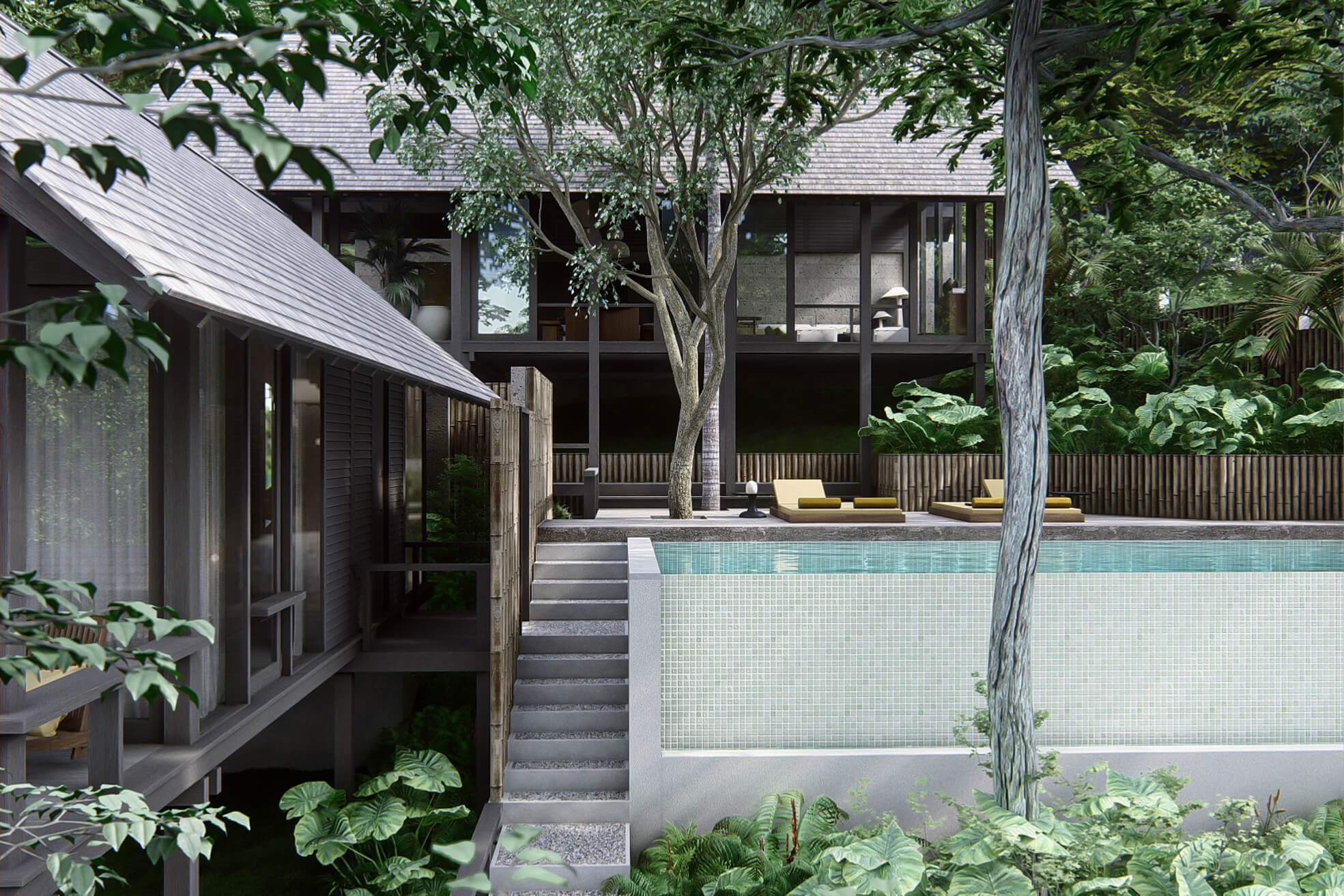 External view of rumah lituhayu main building and villa 2 showing the stacking of pavilions and swimming pool with pool deck space