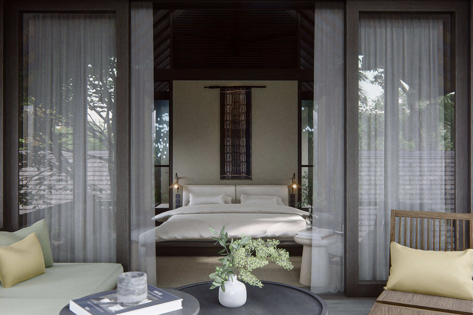 View of typical bedroom space at rumah lituhayu with low bed frame, access to balcony, and wooden windows and openings