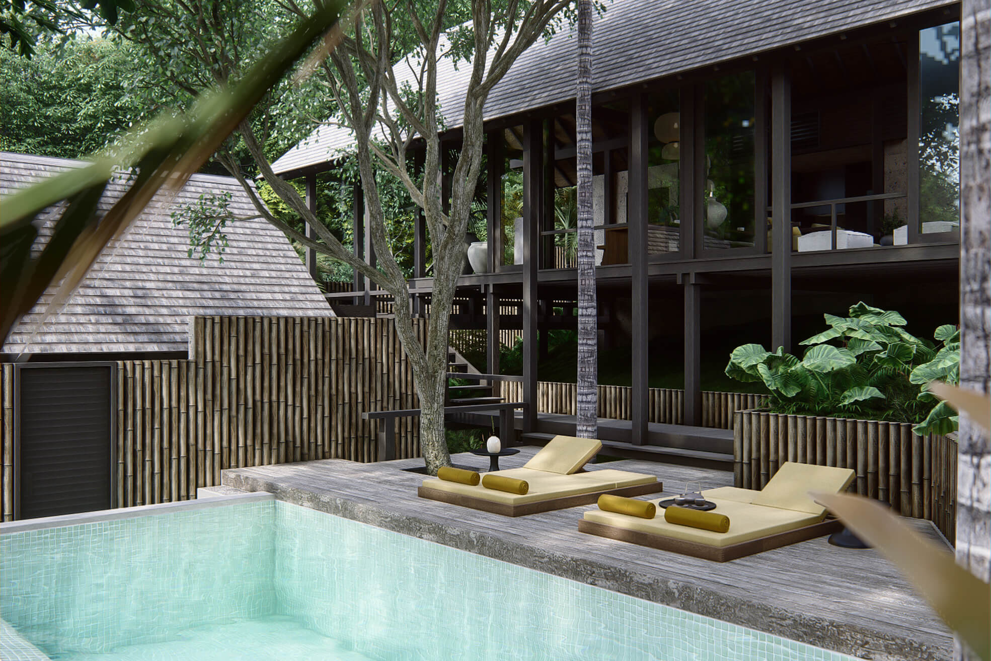 View of rumah lituhayu main house facade showing tall wooden pillars combined with swimming pool dan pool deck space