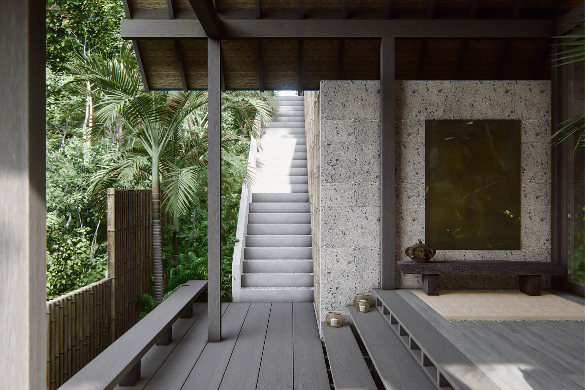 Arrival view to rumah lituhayu main building showing steps coming down and raised pavilion deck