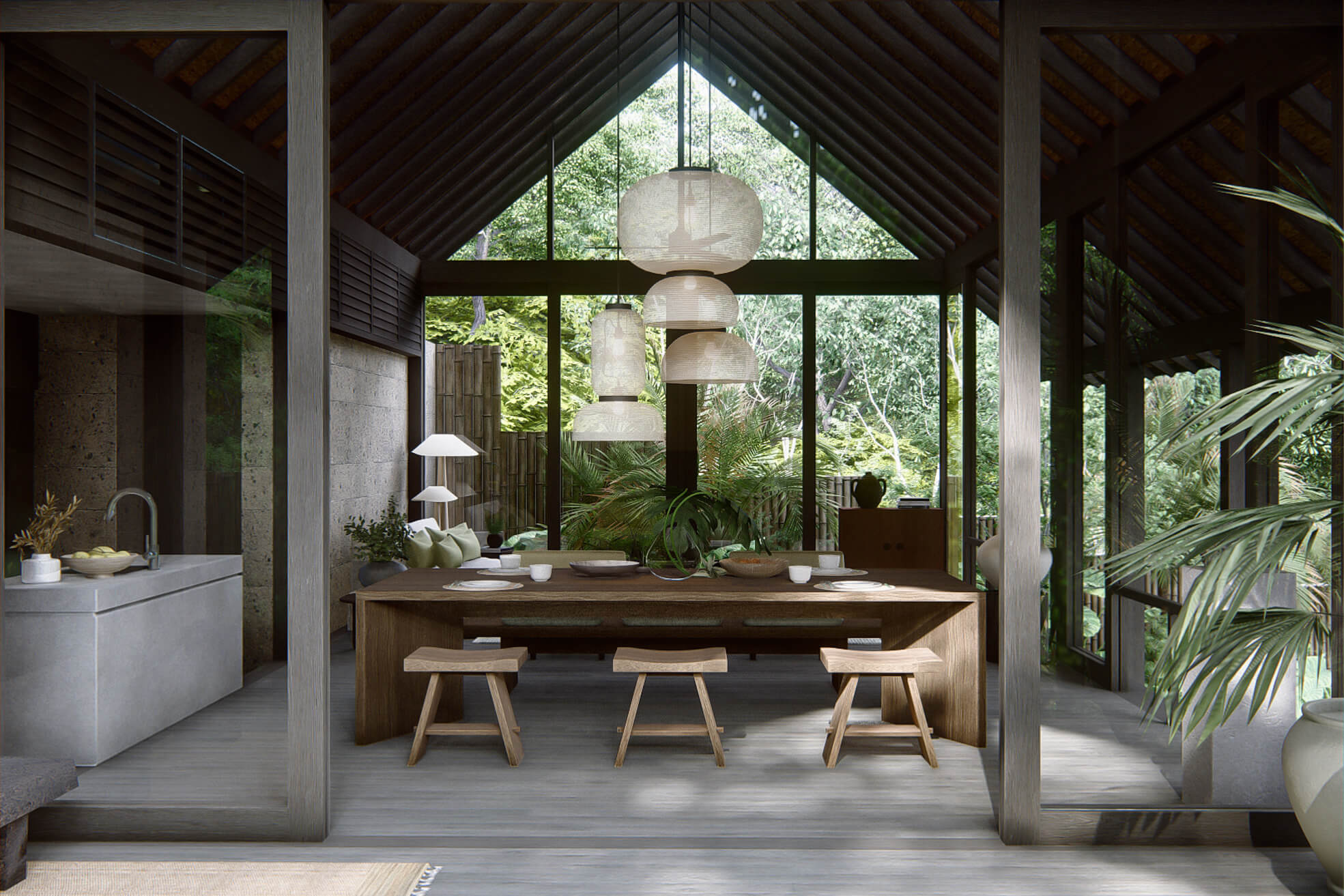 View of the great room at rumah lituhayu with japanese influence in the interior aesthetics and large gable roof exposed structure