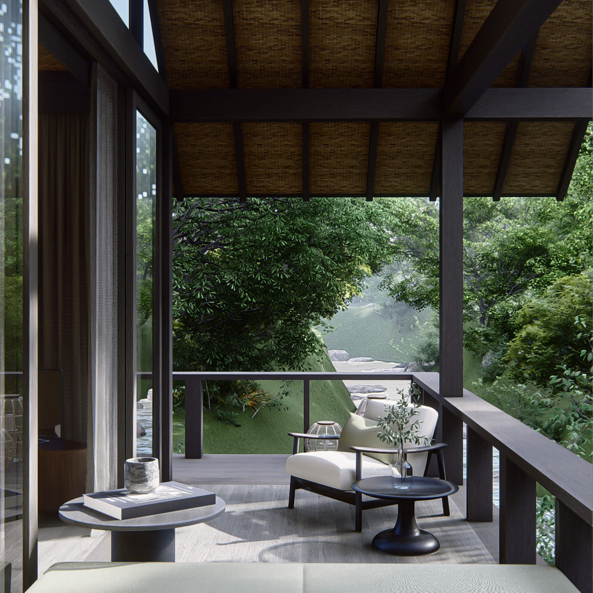 villa 3 balcony river view with arm chair and sofa