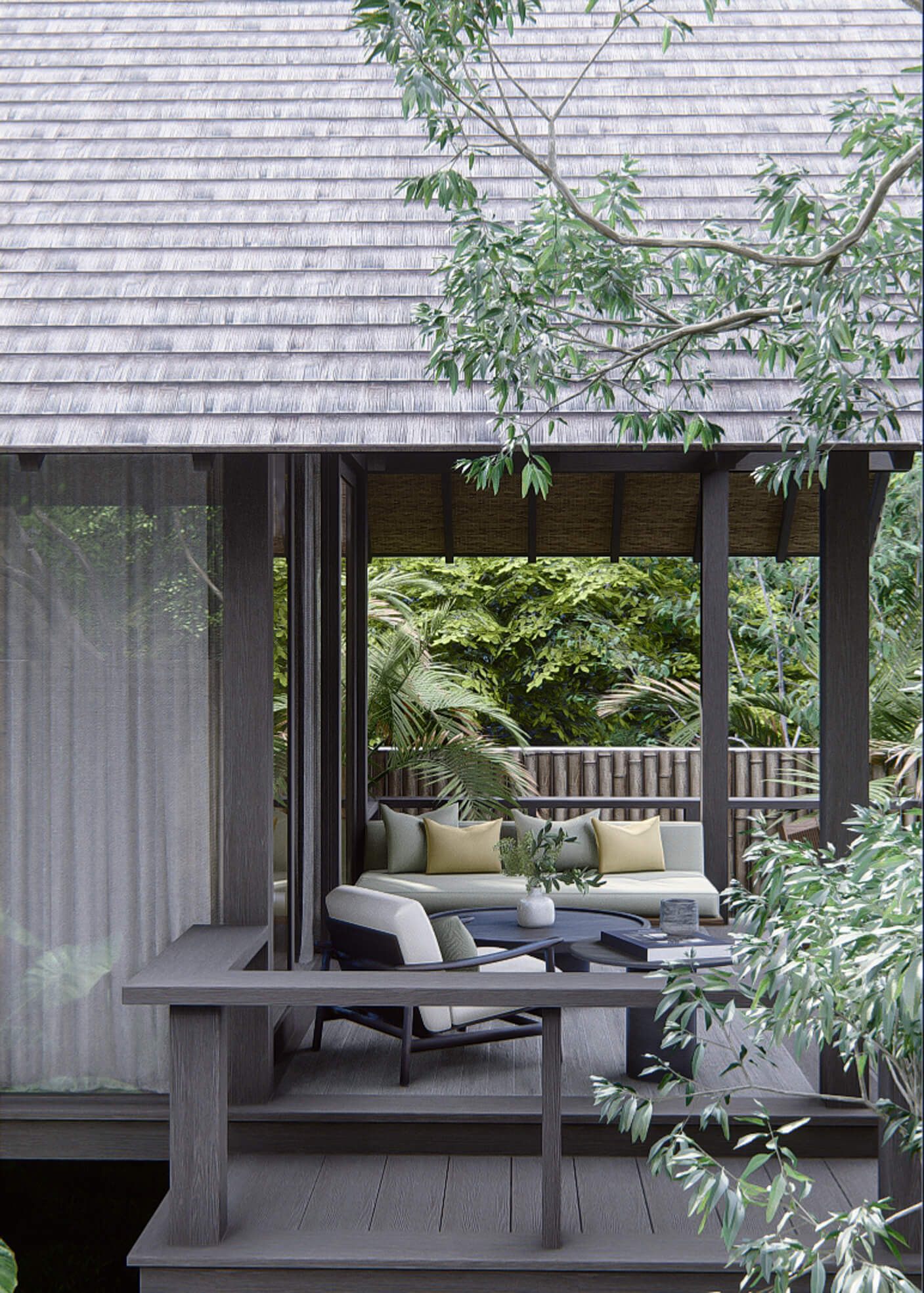 View of balcony at rumah lituhayu showing gable roof and dark wood textures