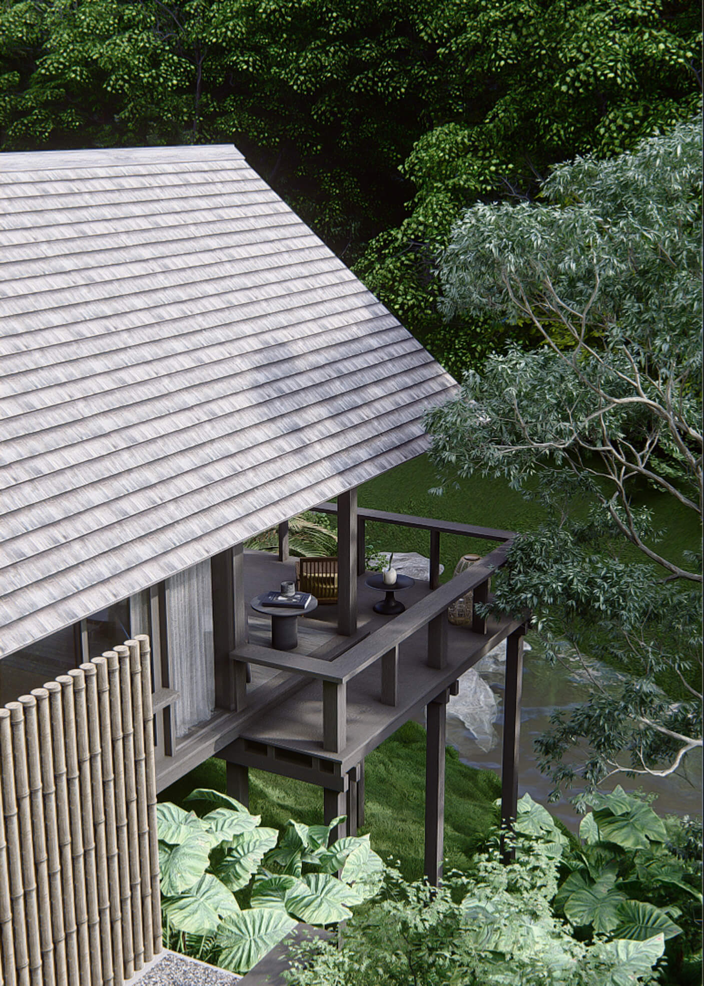 Aerial view of rumah lituhayu villa 4 showing gable roof and connection with river