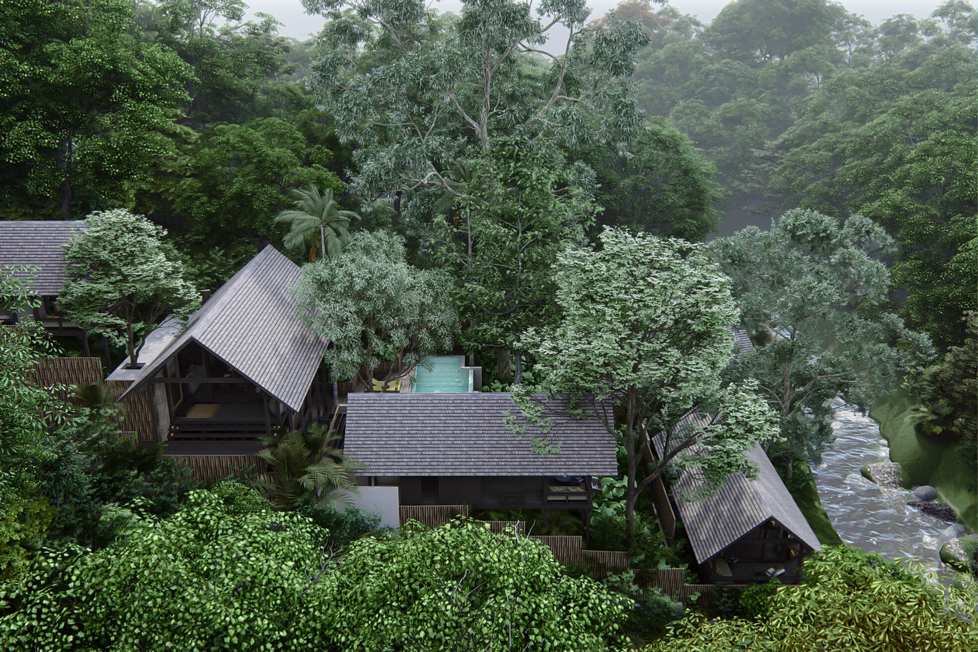 Aerial view of rumah lituhayu showing the staggered and terraced gabbled roof wooden pavilions