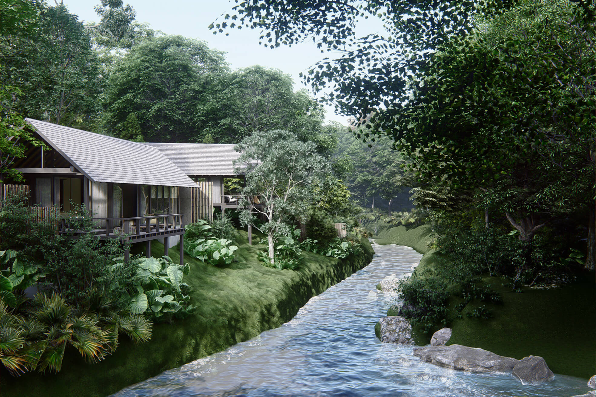 Side view of rumah lituhayu looking up the river stream showing villa 3 and 4 at the edge of the river