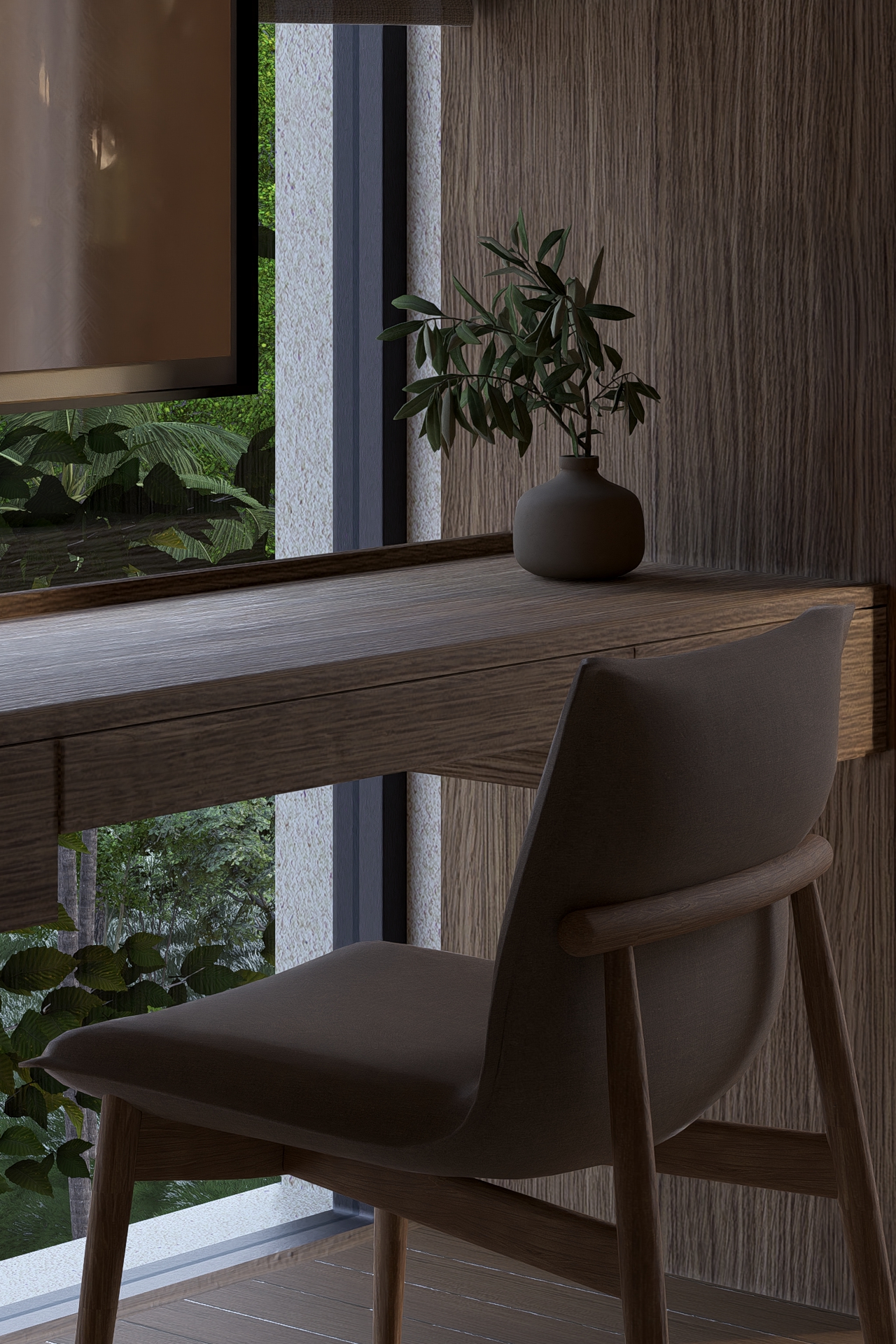 Close up view of master walk in wardrobe make up table in wood with glass window looking towards the view