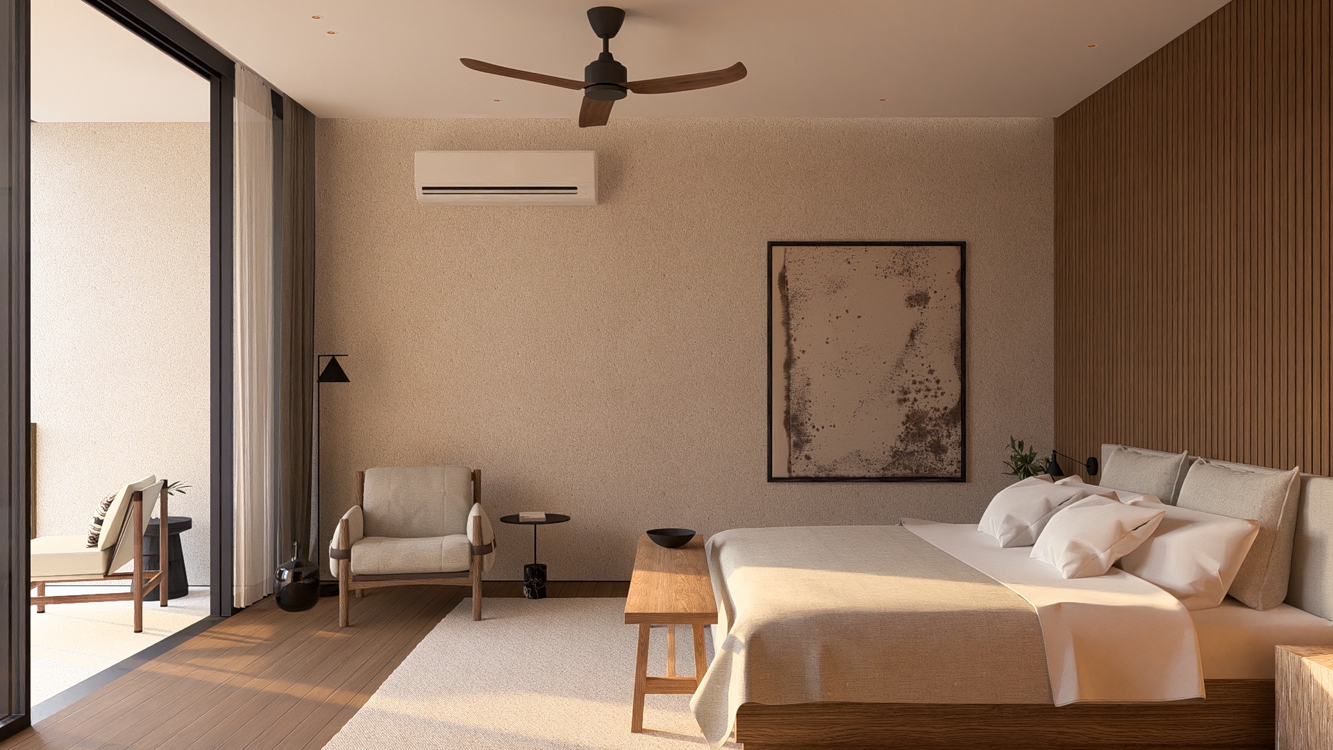 View of master bedroom with textured walls. combined with wooden walls and floors