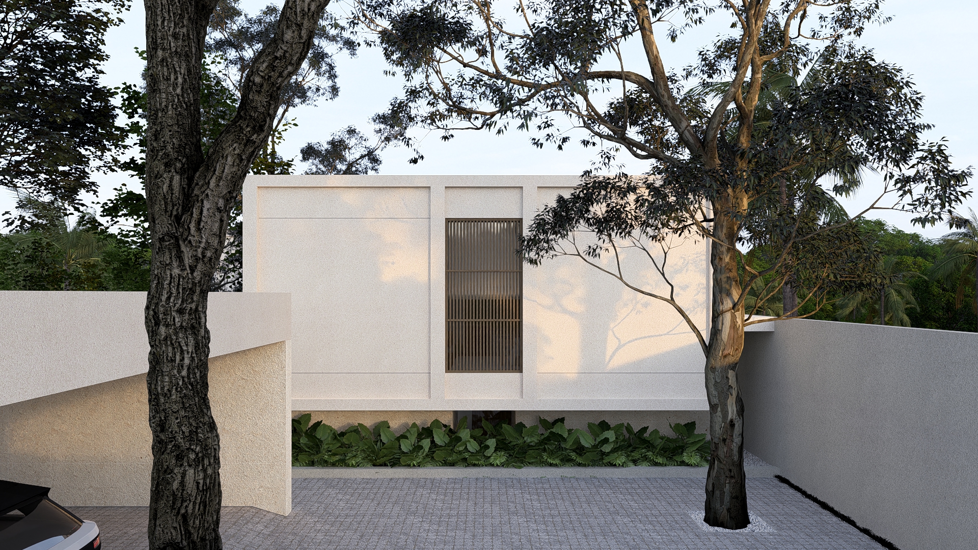 Front facade view of padang linjong residence showing symetrical design aesthetic with textured white walls and wooden screen accents