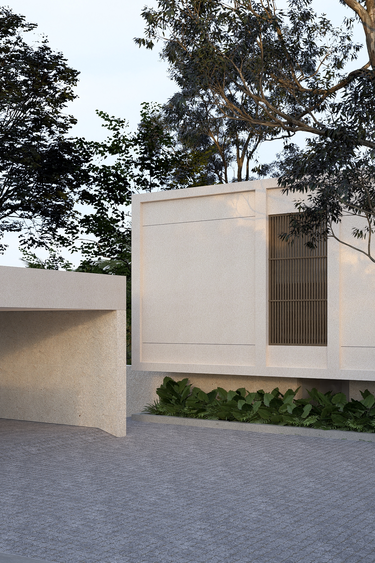 Corner view of entrance to padang linjong residence showing floating mass above landscape shrubs and open covered garage space