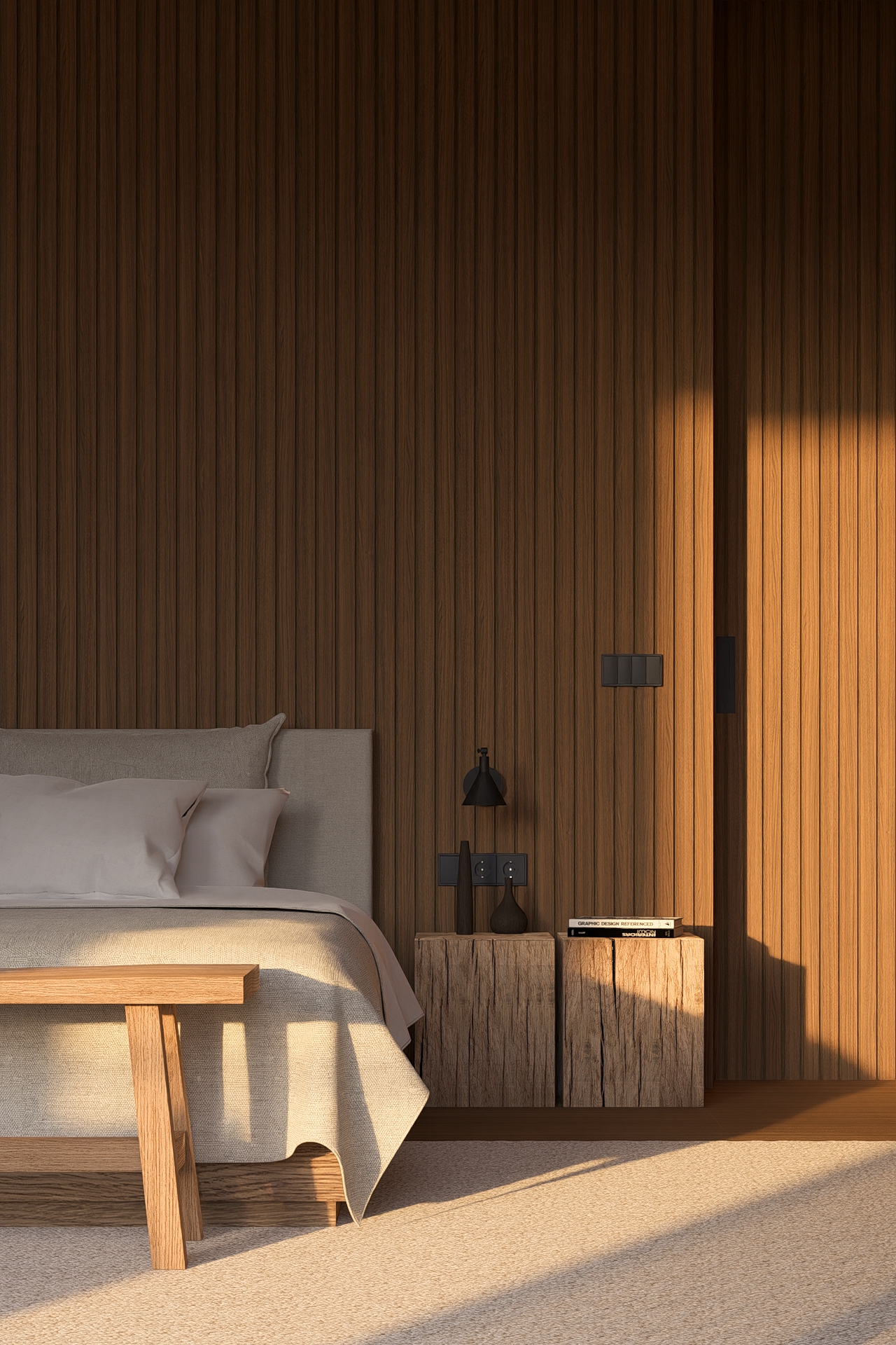 close up view of padang linjong residence master bedroom side table area showing the corner of the bed, solid wood side tables, and black electronics