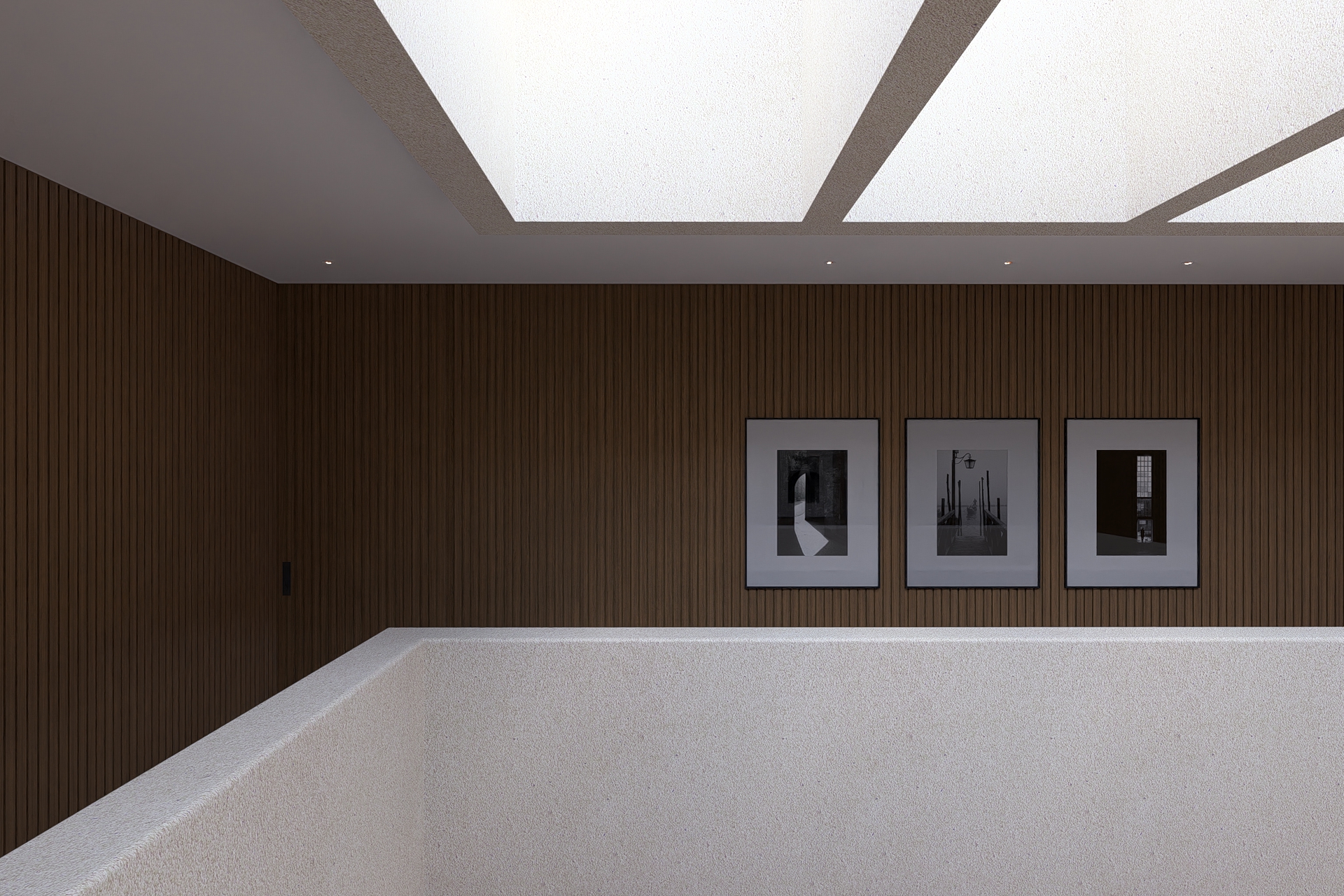 View of upper floor gallery at padang linjong residence showing a skylight and wooden striped walls