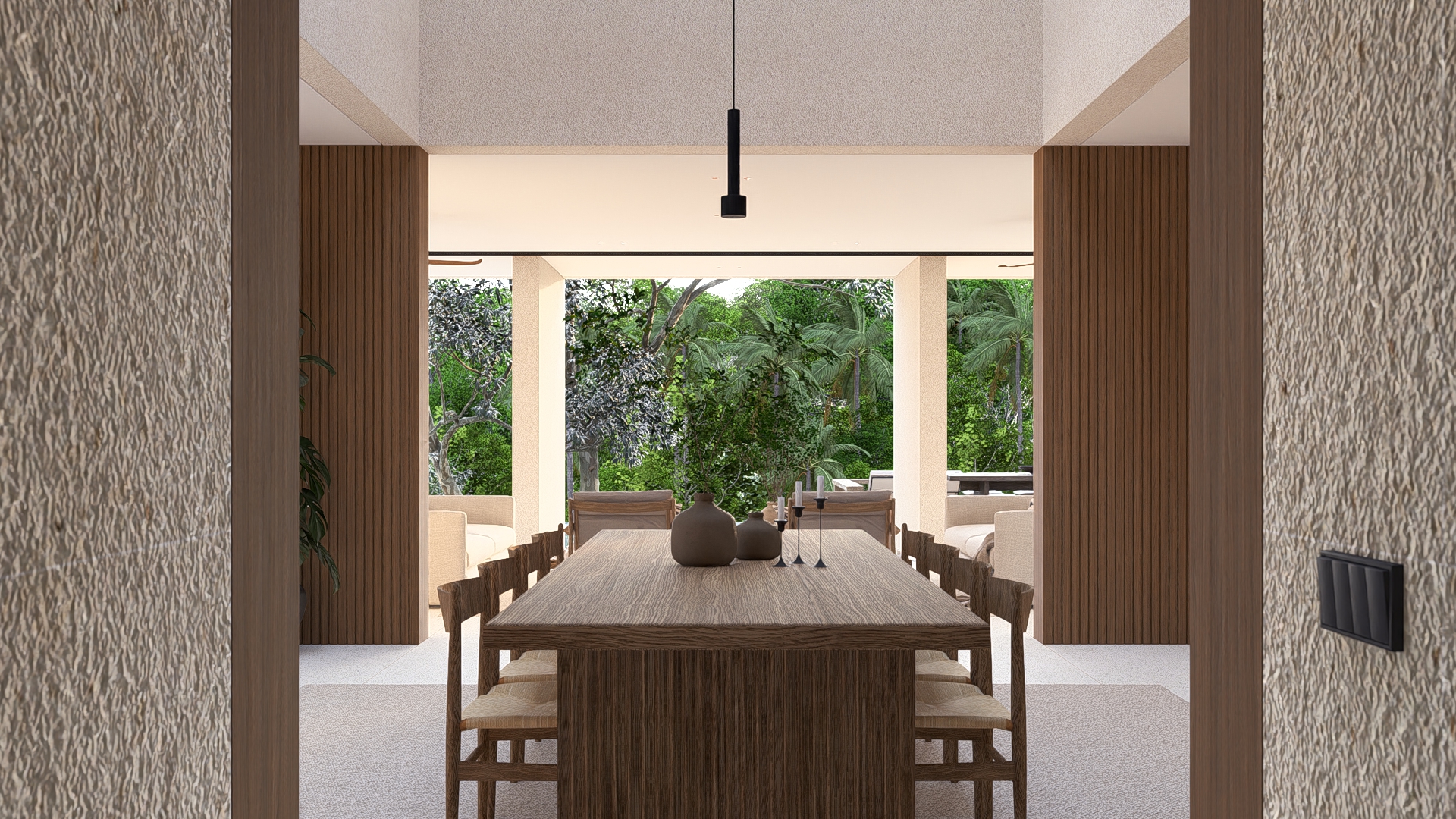 Landscape view of dining room of padang linjong residence seen from the entrance corridor towards living room and landscape