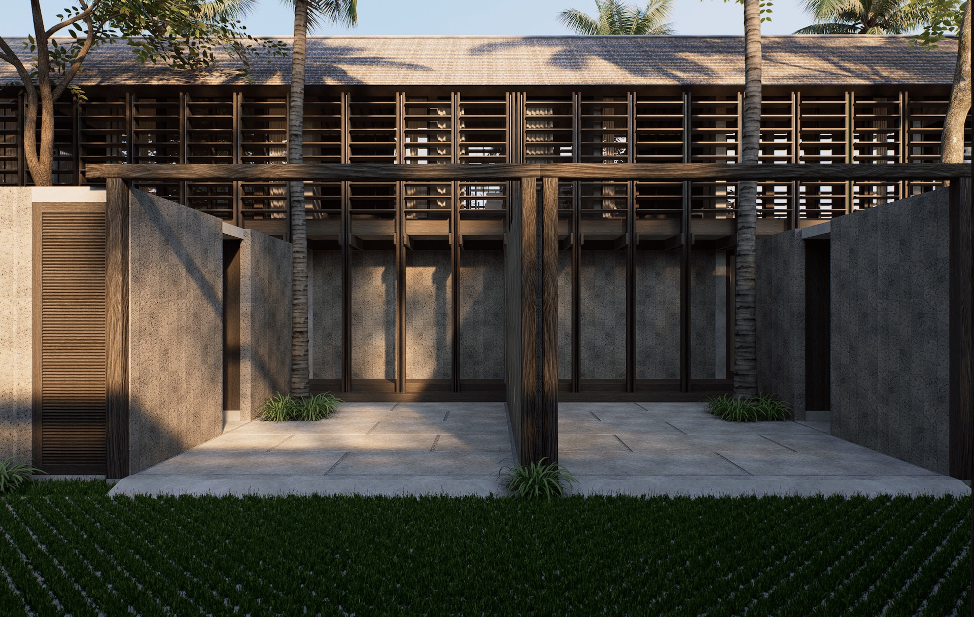 Parking and arrival into the houses surrounded by sand stone cladded walls and wooden accents