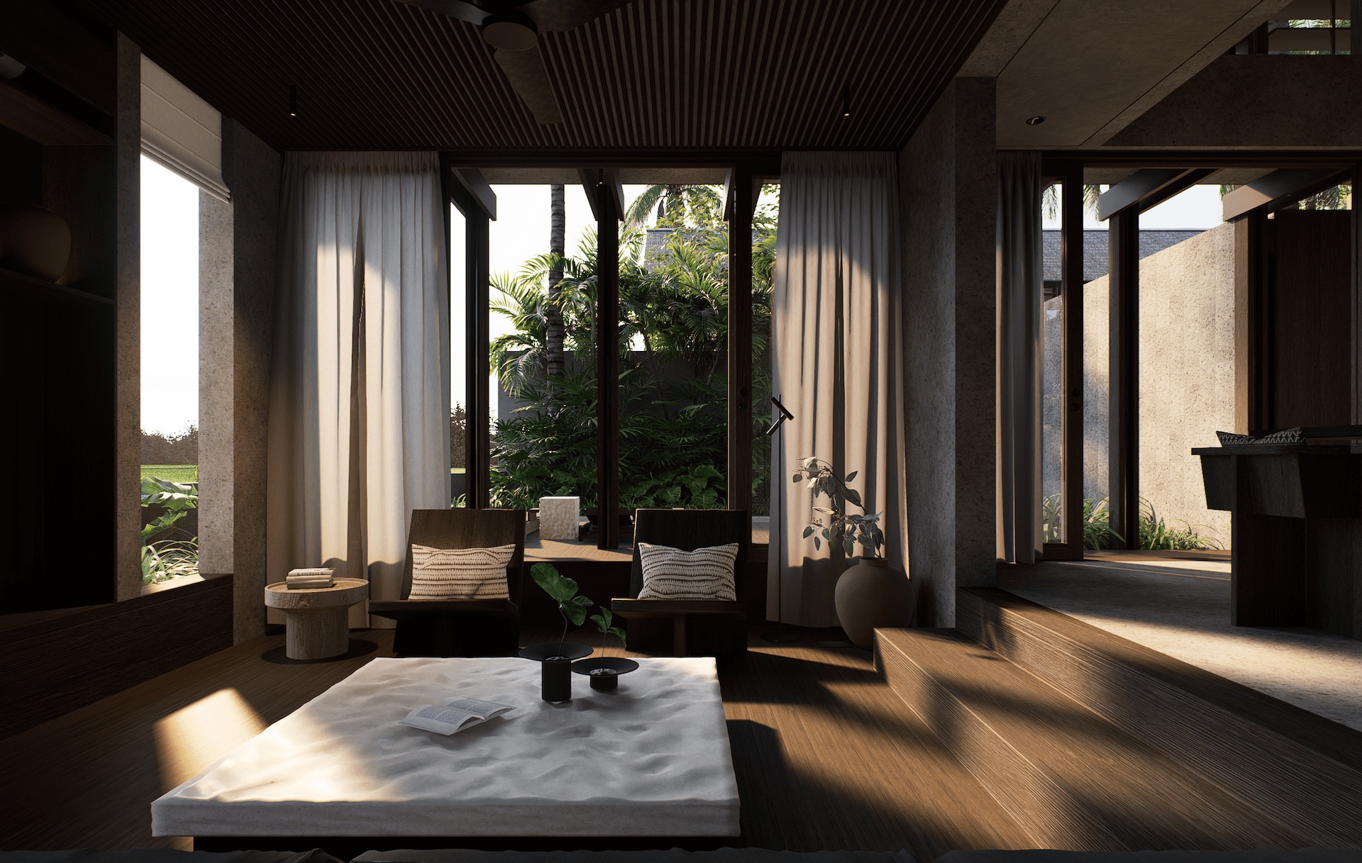 View of living room at rumah sawah with wooden stripped ceilings, wooden floors, and concrete polished walls